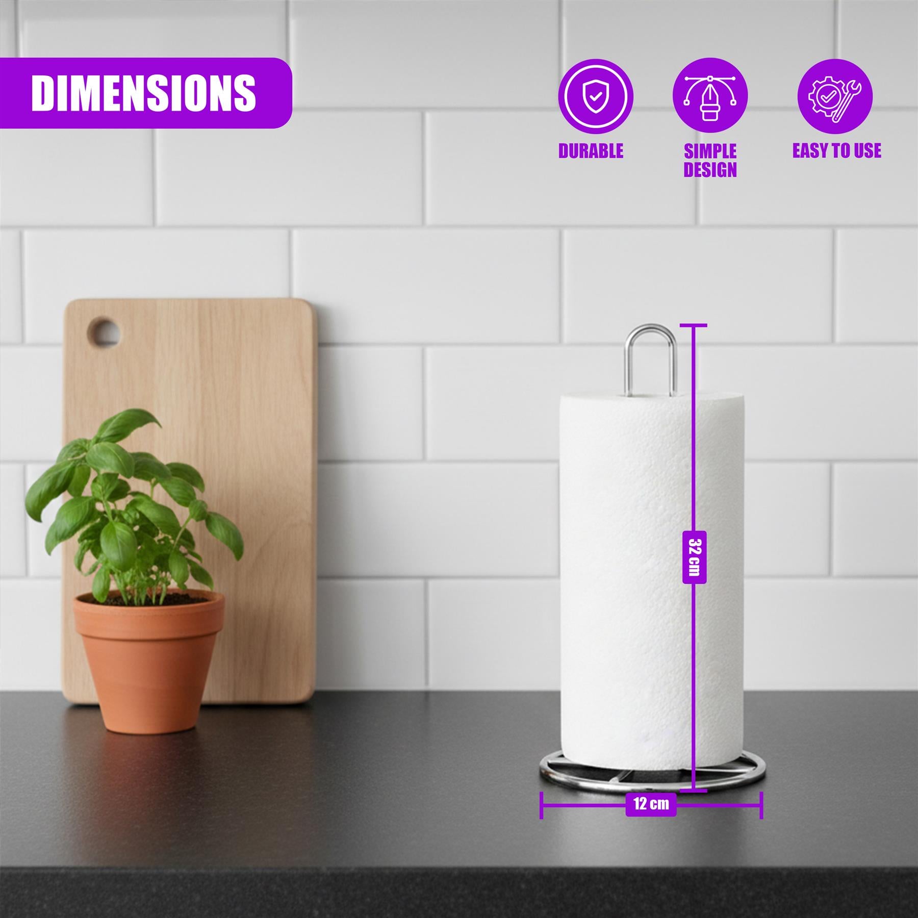 A kitchen roll stand holding a white roll, measuring 32 cm high by 12 cm across.