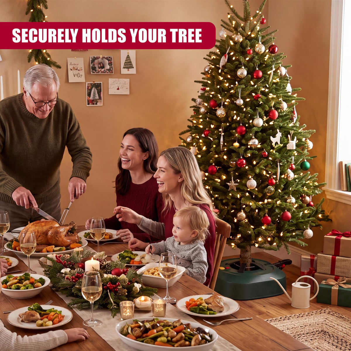 A family enjoys a festive Christmas dinner around a Christmas tree supported by a GEEZY tree stand