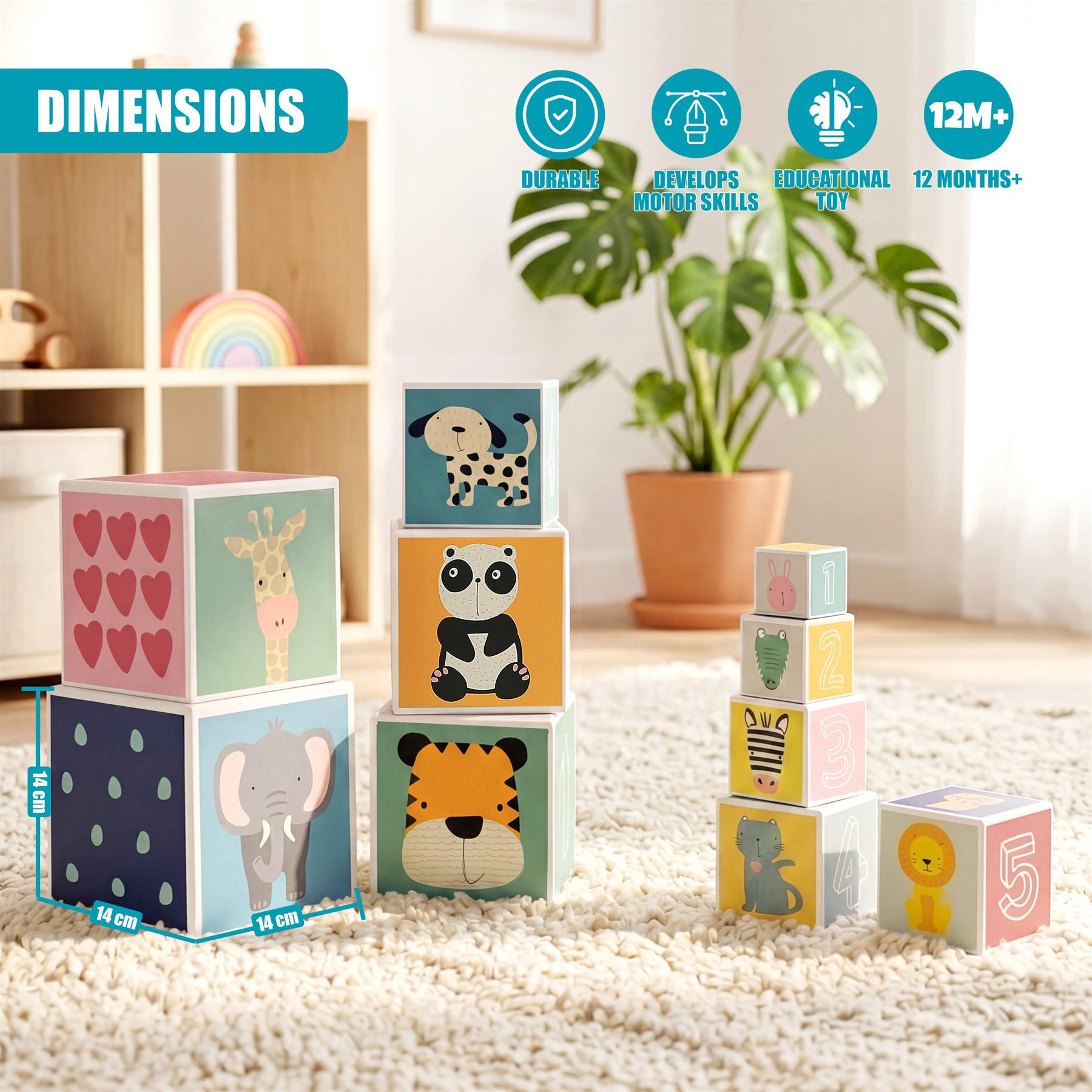 A set of stacking wooden cubes featuring designs of animals, numbers, and hearts.