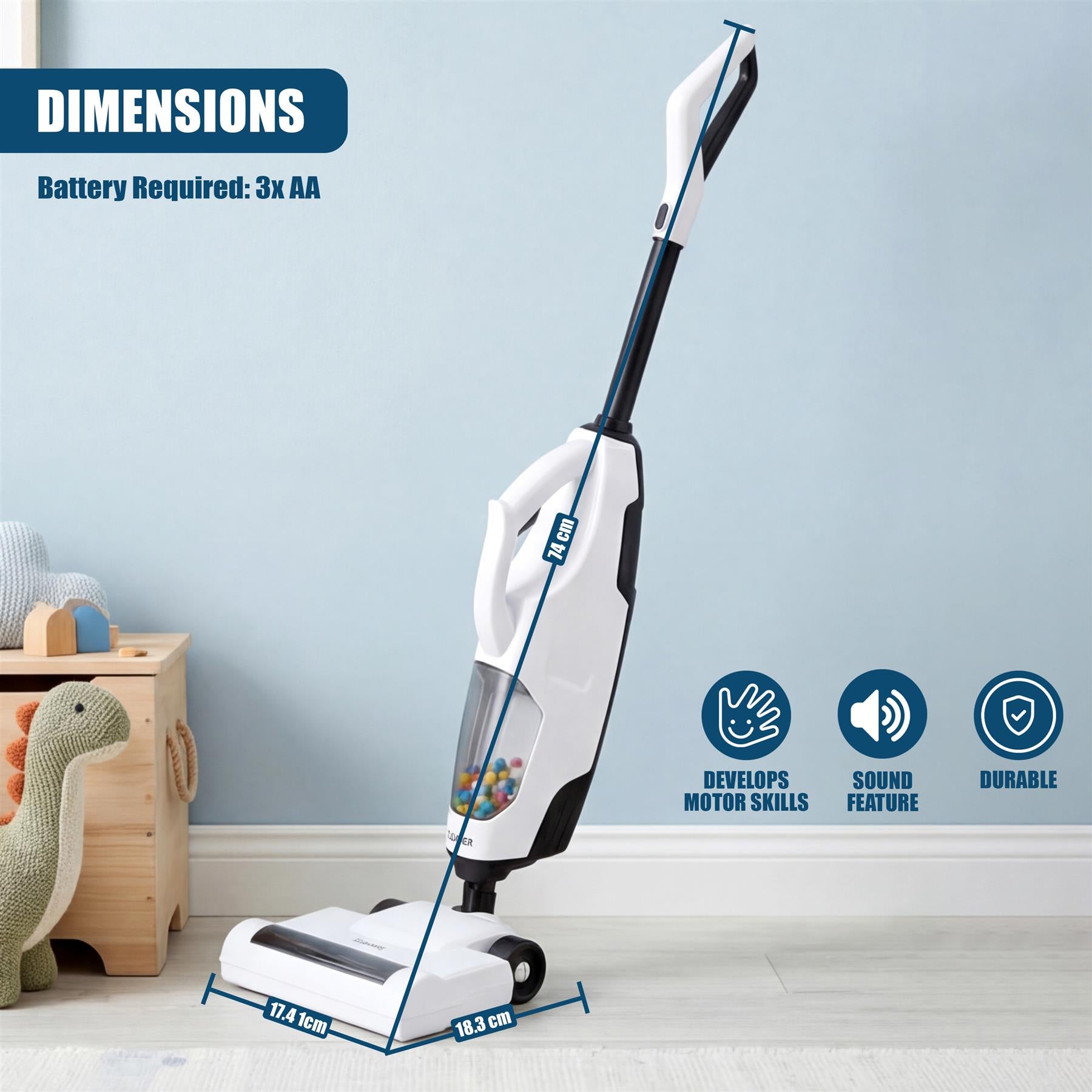 Diagram shows a white toy vacuum cleaner with measurable dimensions of 17.4 by 18.3 cm.