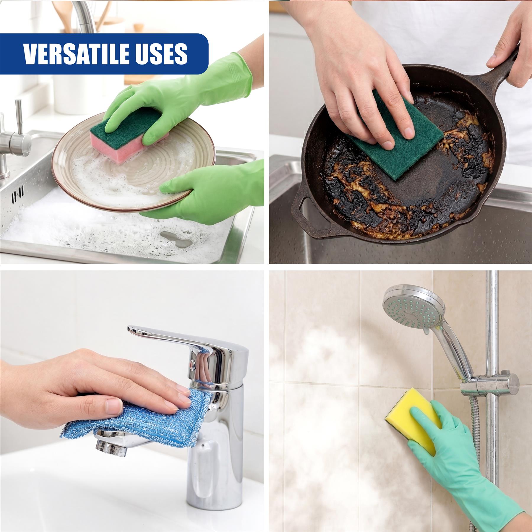Various household surfaces, including sinks, pots, faucets, and shower fixtures, are being cleaned with sponges and scourers.