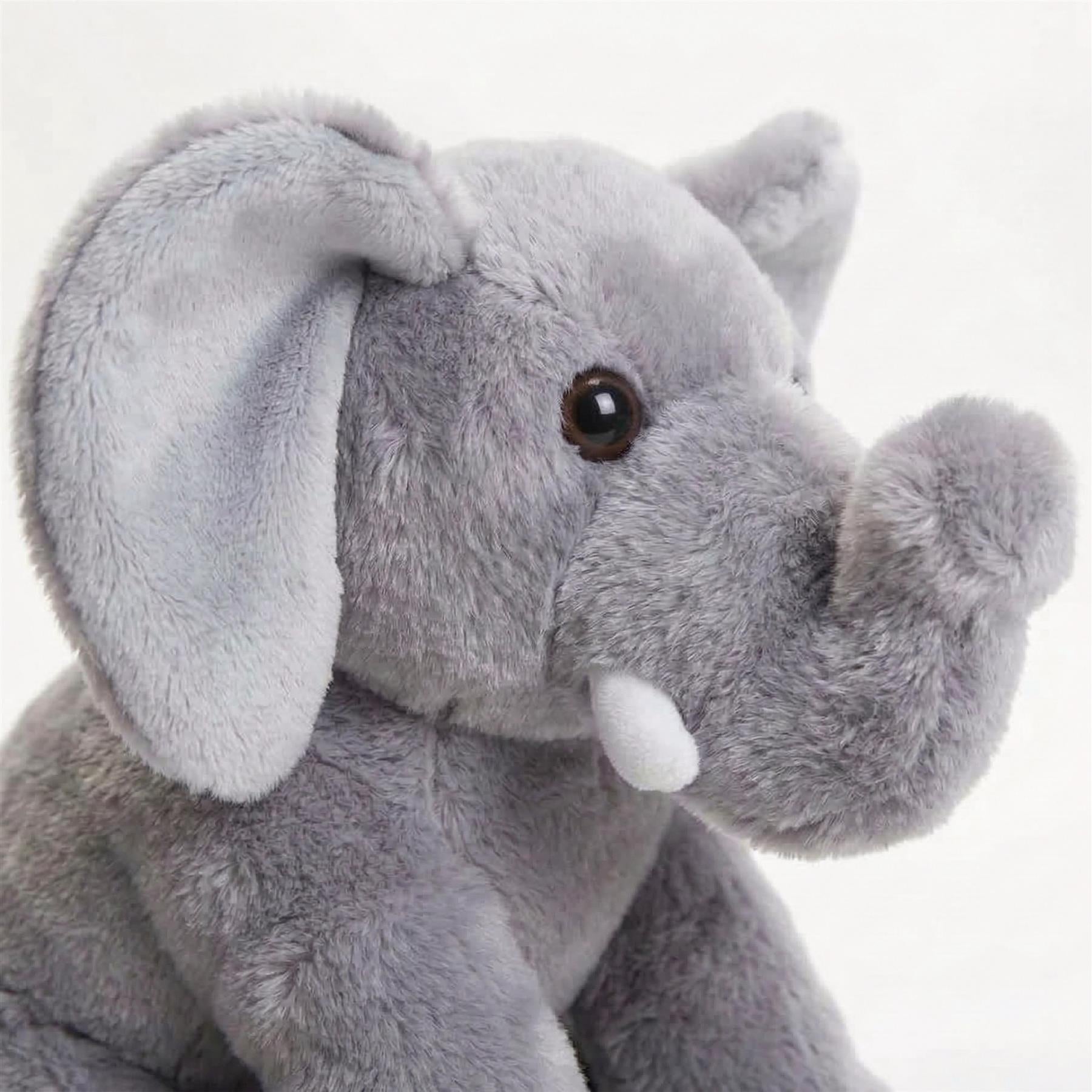 Plush gray elephant toy depicting a stuffed animal with large ears and a visible trunk.