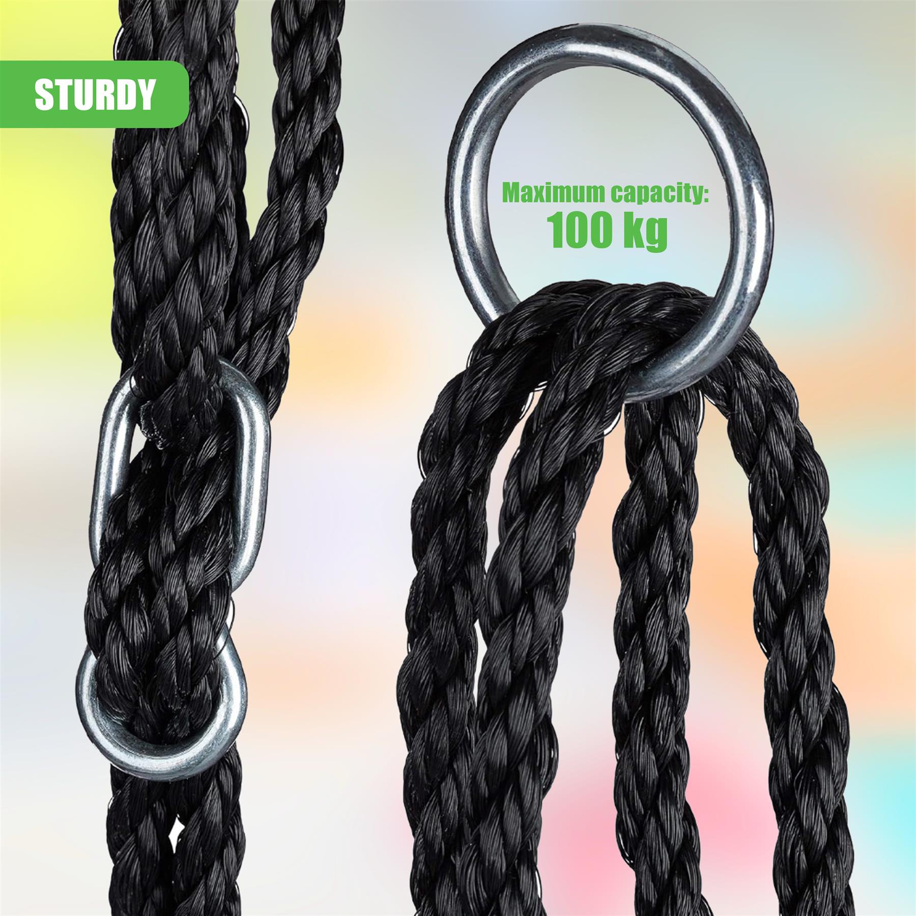 The image displays heavy braided black ropes connecting to metal hanging rings and a D-ring.