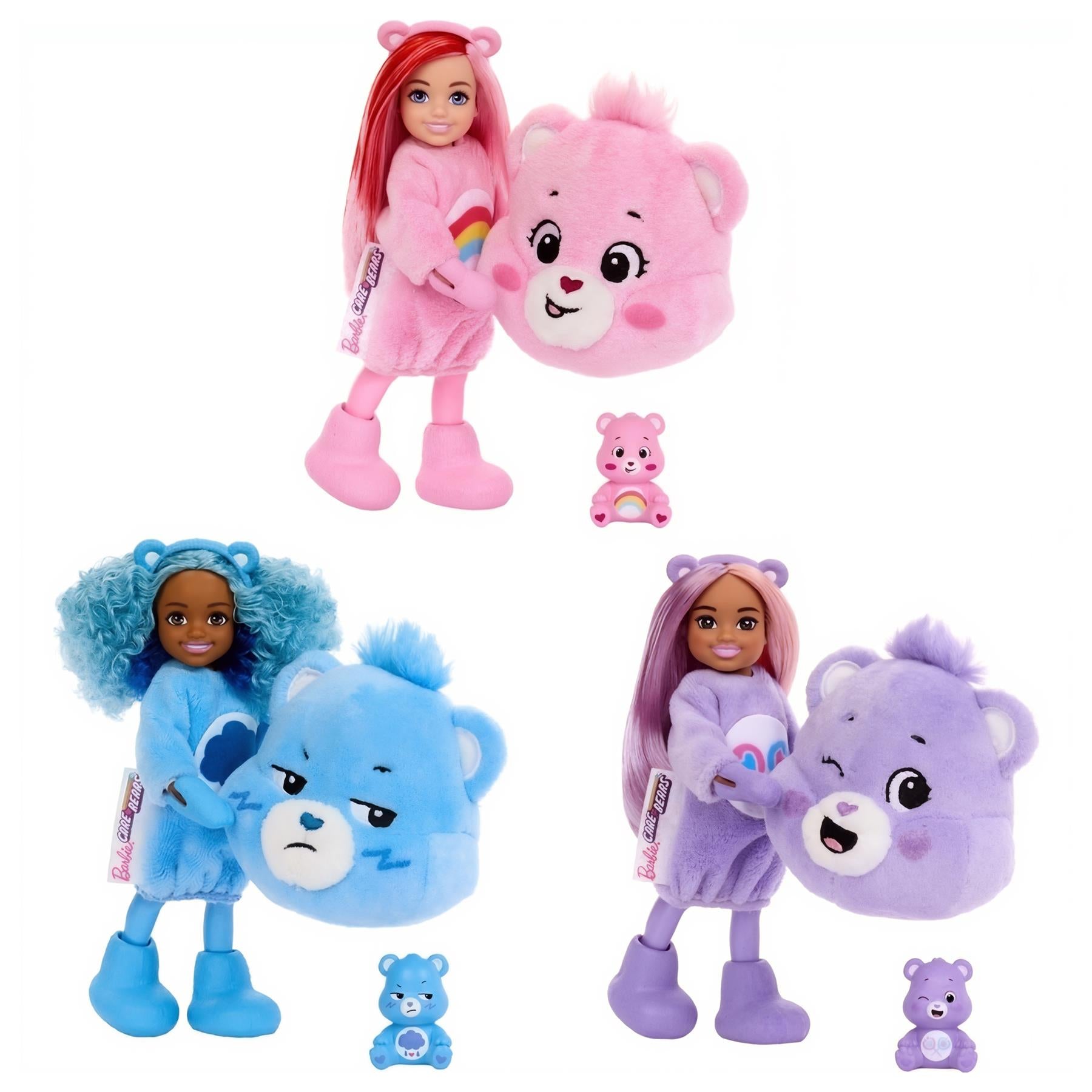Dolls with various hair colors stand next to coordinating plush Care Bears toys.