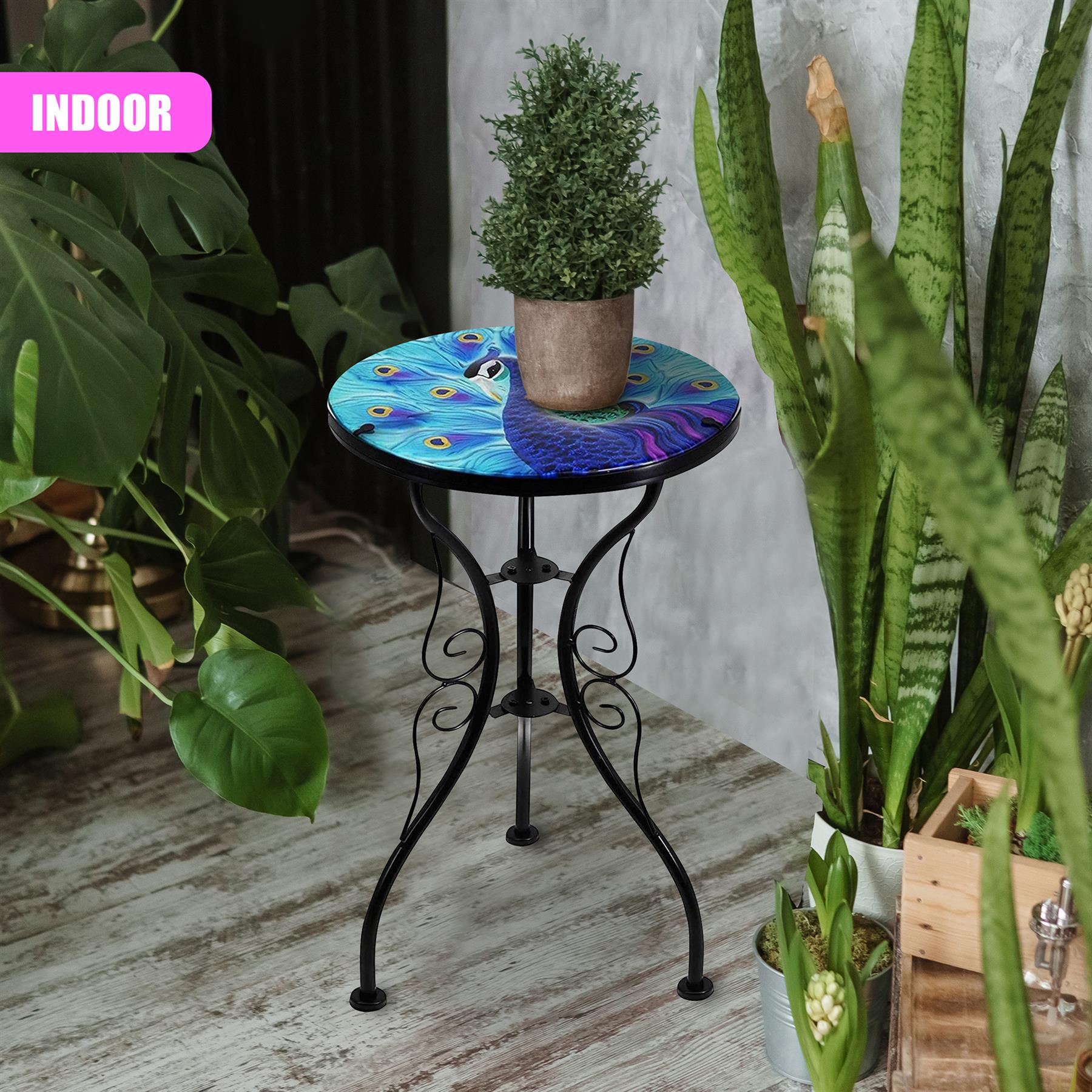 Round Side Mosaic Garden Table With Blue Peacock Design by Geezy - The Magic Toy Shop