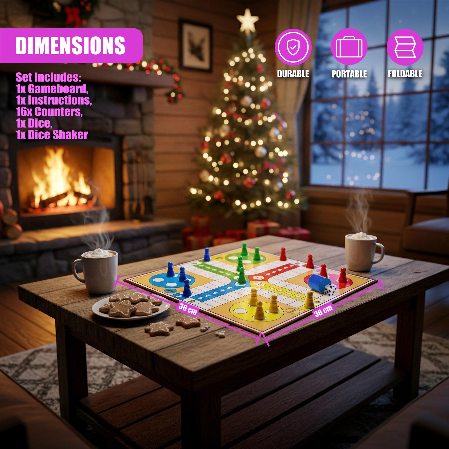 The game board, dice, and colorful tokens are displayed on a wooden table surface.