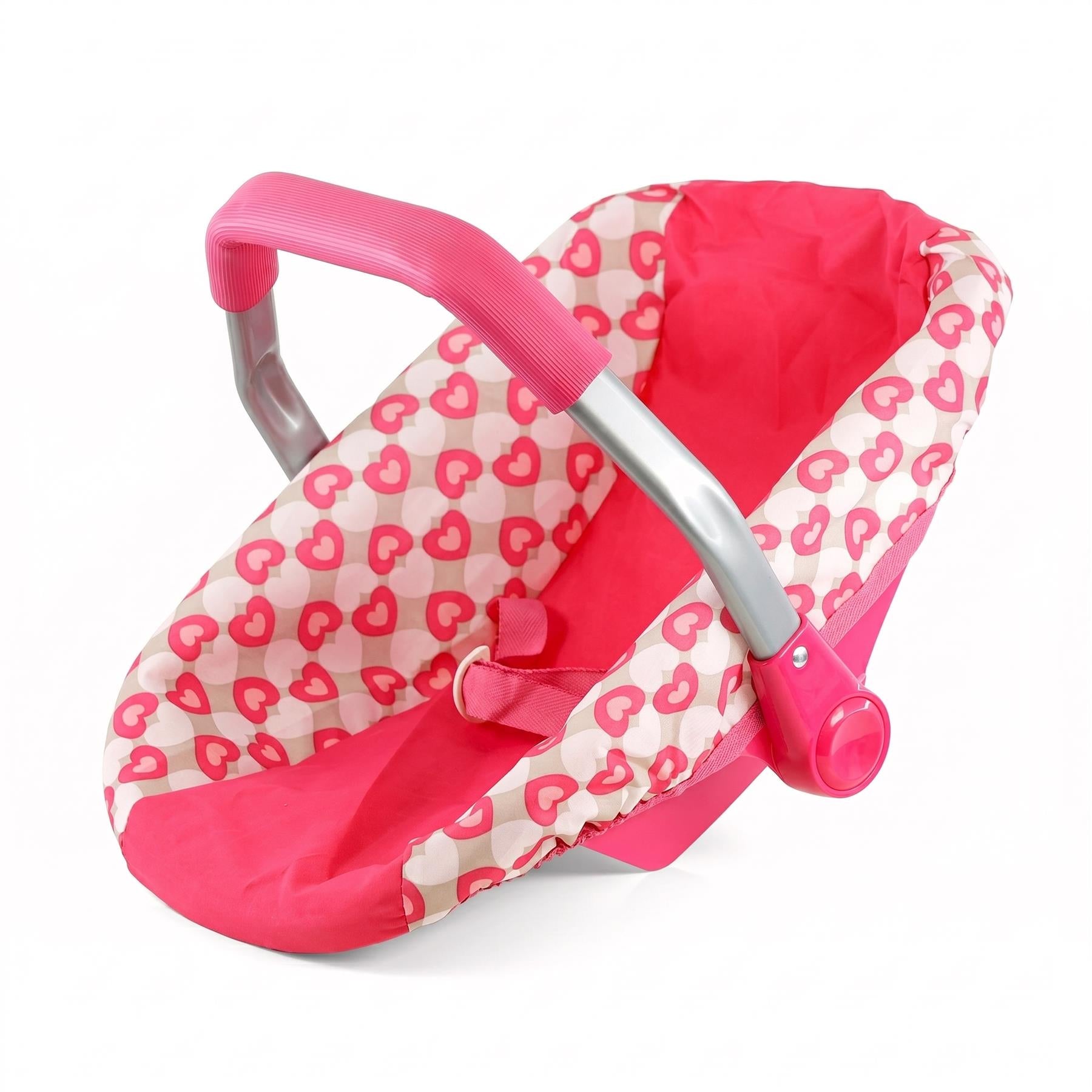 Pink baby car seat with a patterned heart cushion, two supportive handles, and pink padding.