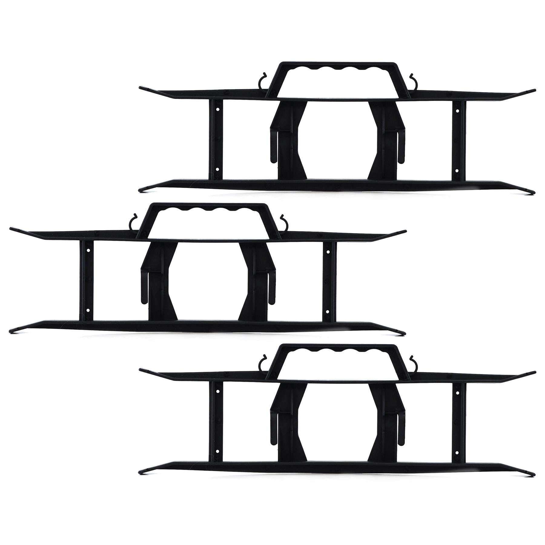 A set of three black, two-tiered shelves with a minimalist design, featuring a flat, flat top and a flat, flat bottom. - The Magic Toy Shop