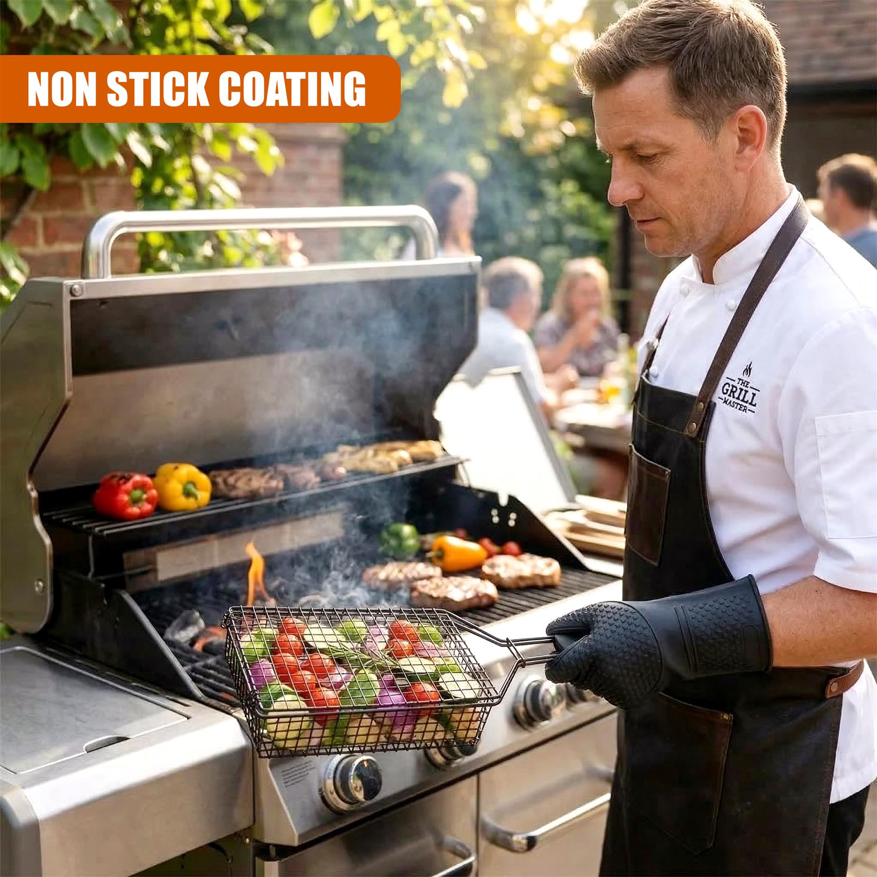 Multiple food items cook in a basket on a large stainless steel barbecue grill surface.