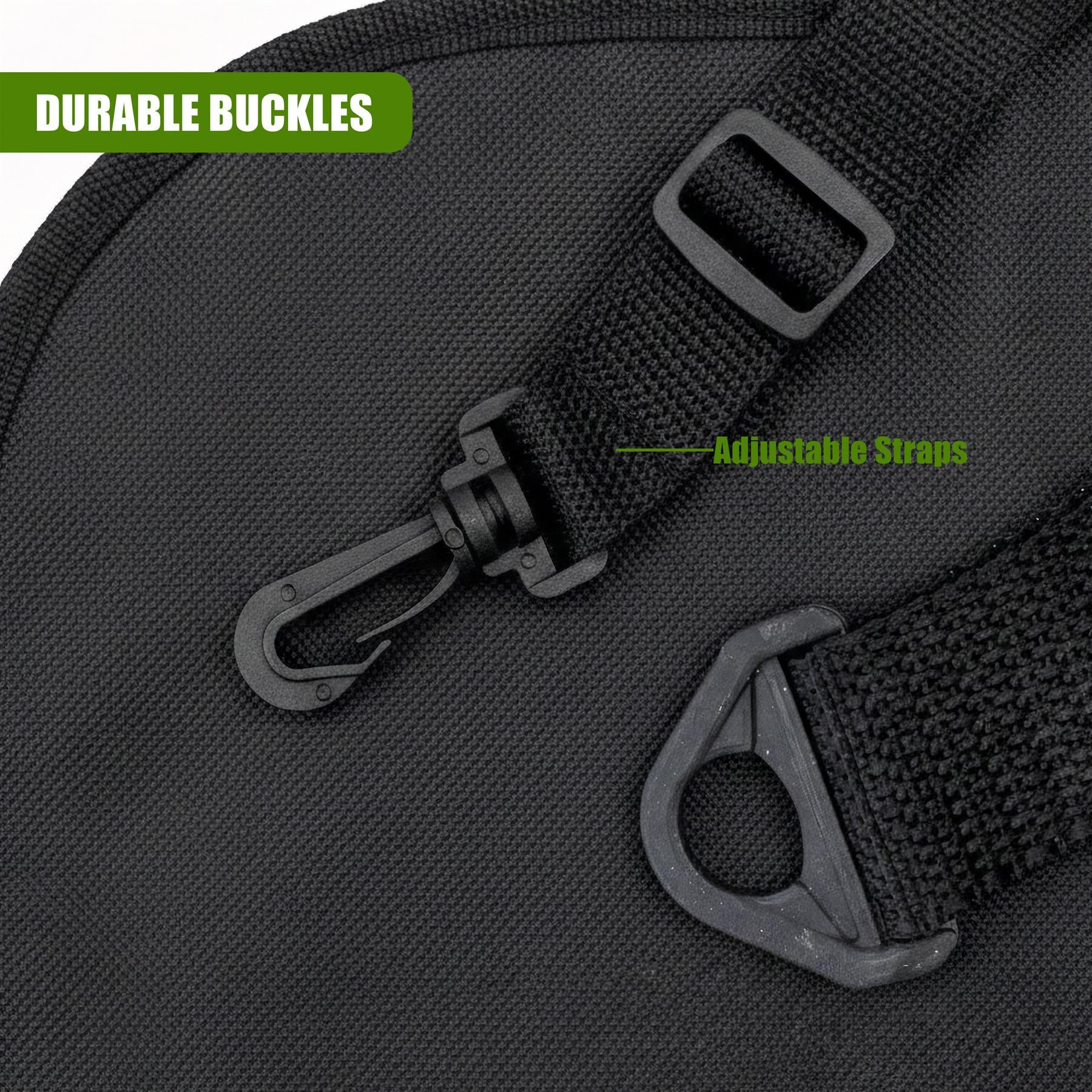 Visible adjustable straps, black plastic buckles, and metal clasps for securing the dog car seat cover.