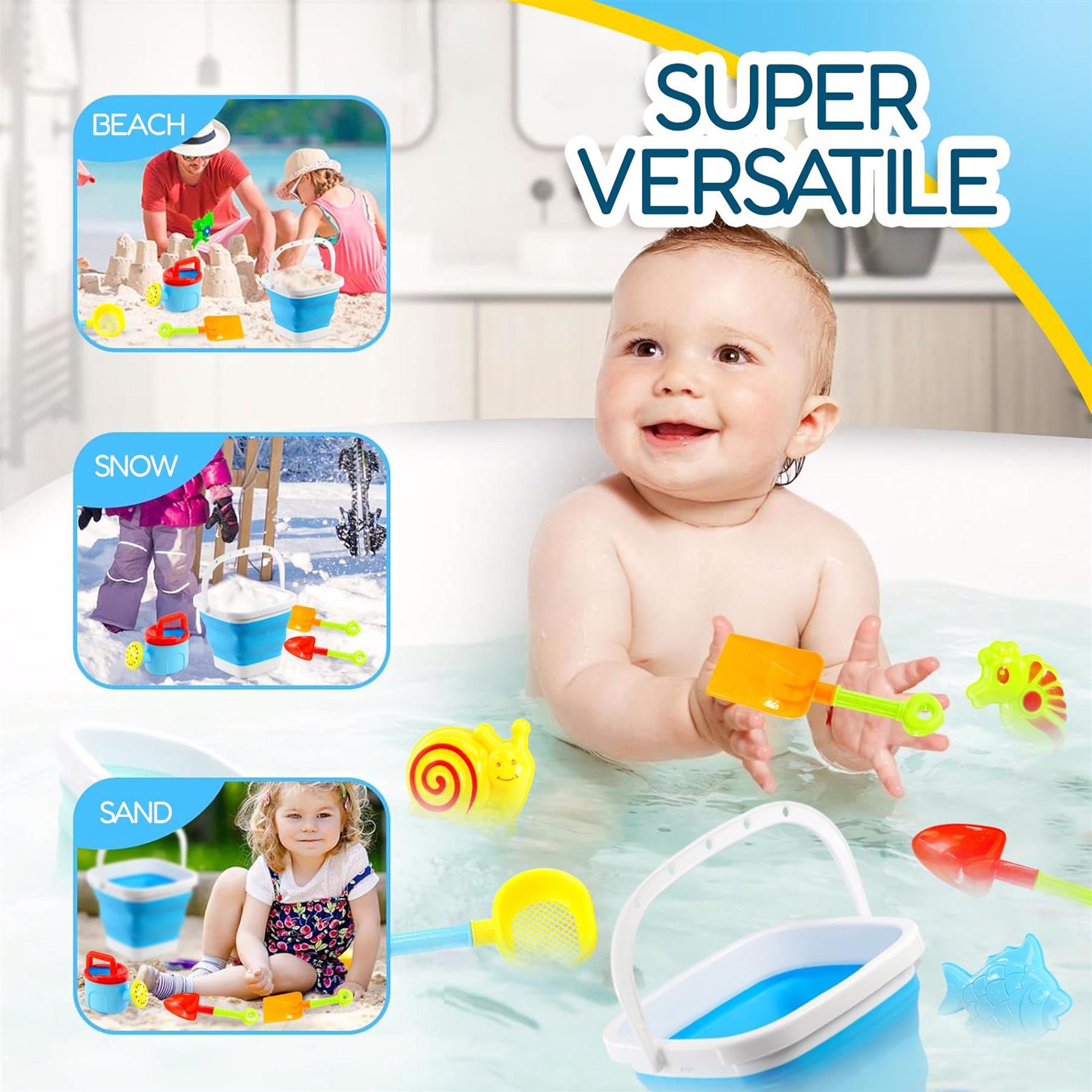 Eight plastic beach toys, including buckets, scoops, and molds, shown in a bath setting.