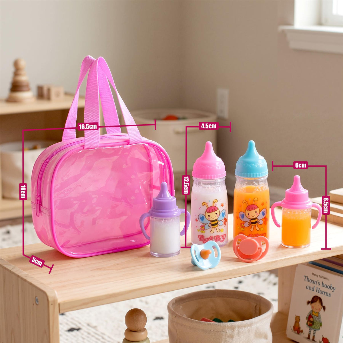 BiBi Doll 7-in-1 baby doll accessories set with bottles and carry bag