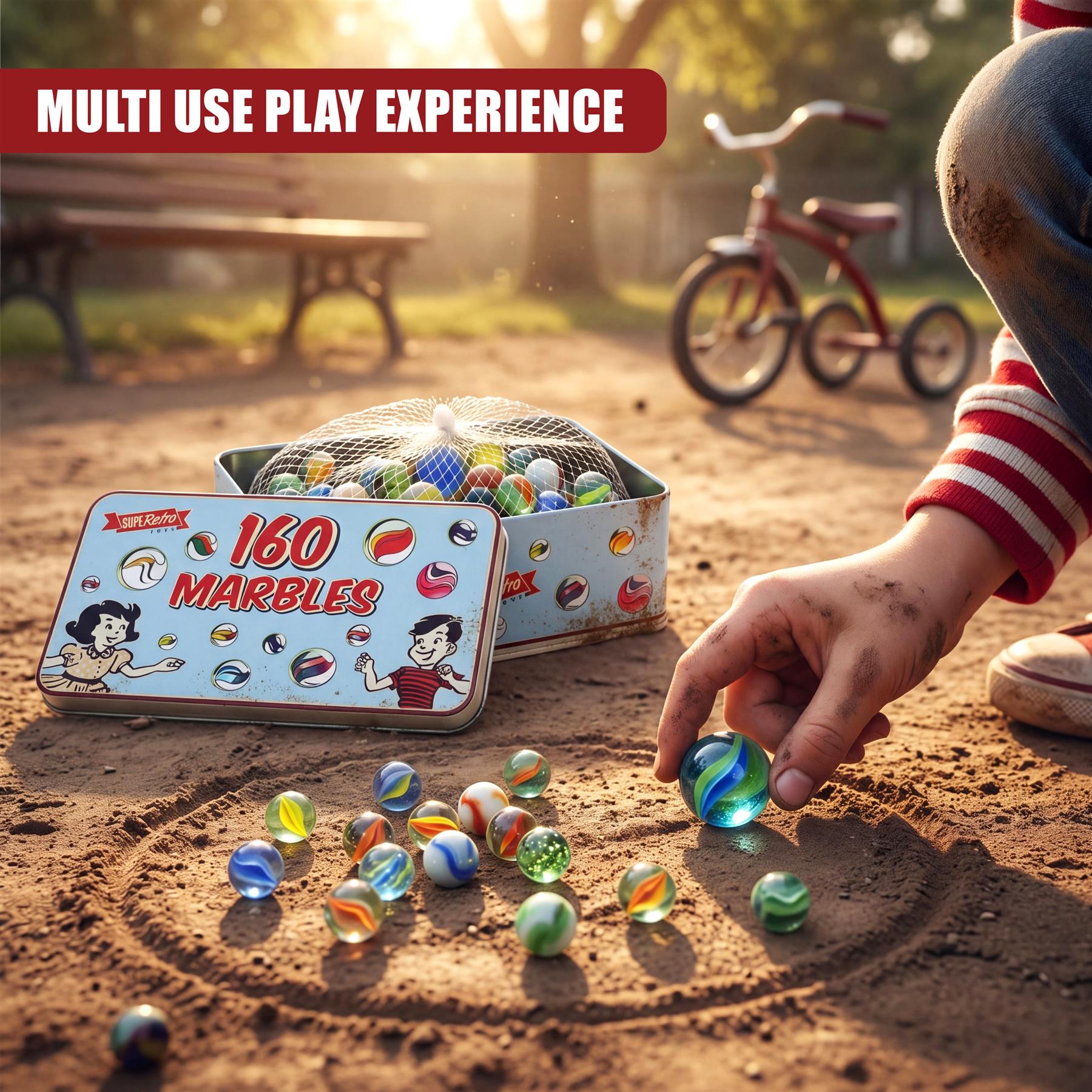 A tin box labeled 160 marbles rests on the dirt ground next to spilled colorful glass marbles.