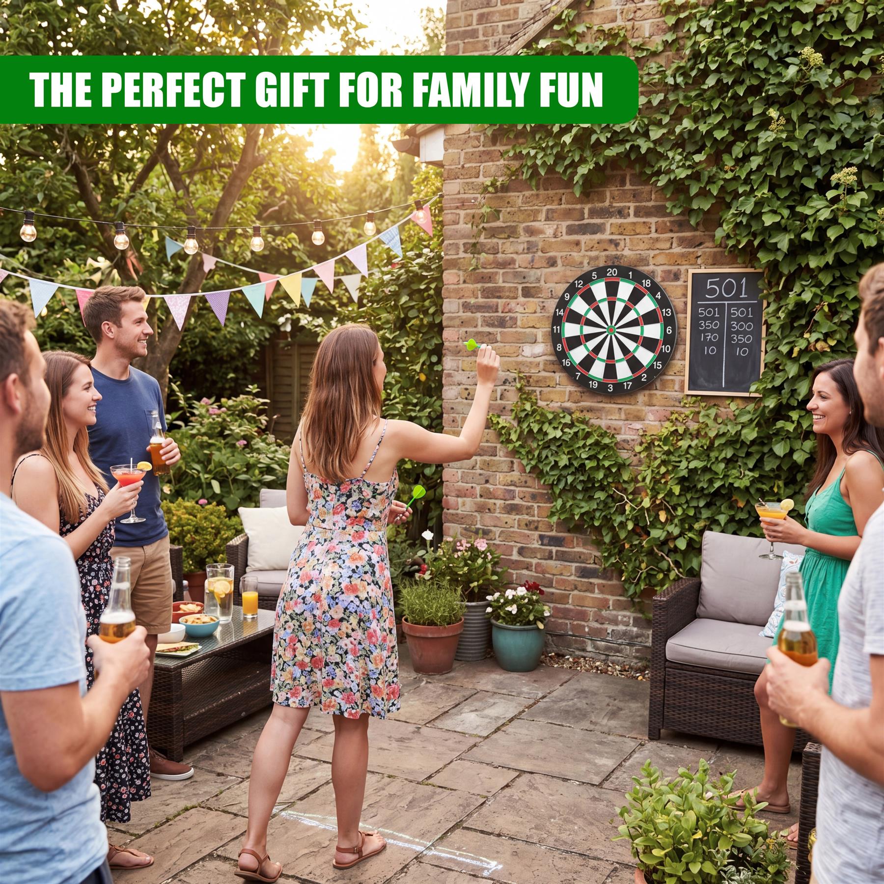 A group plays darts on a double-sided dartboard mounted on a brick wall outdoors.