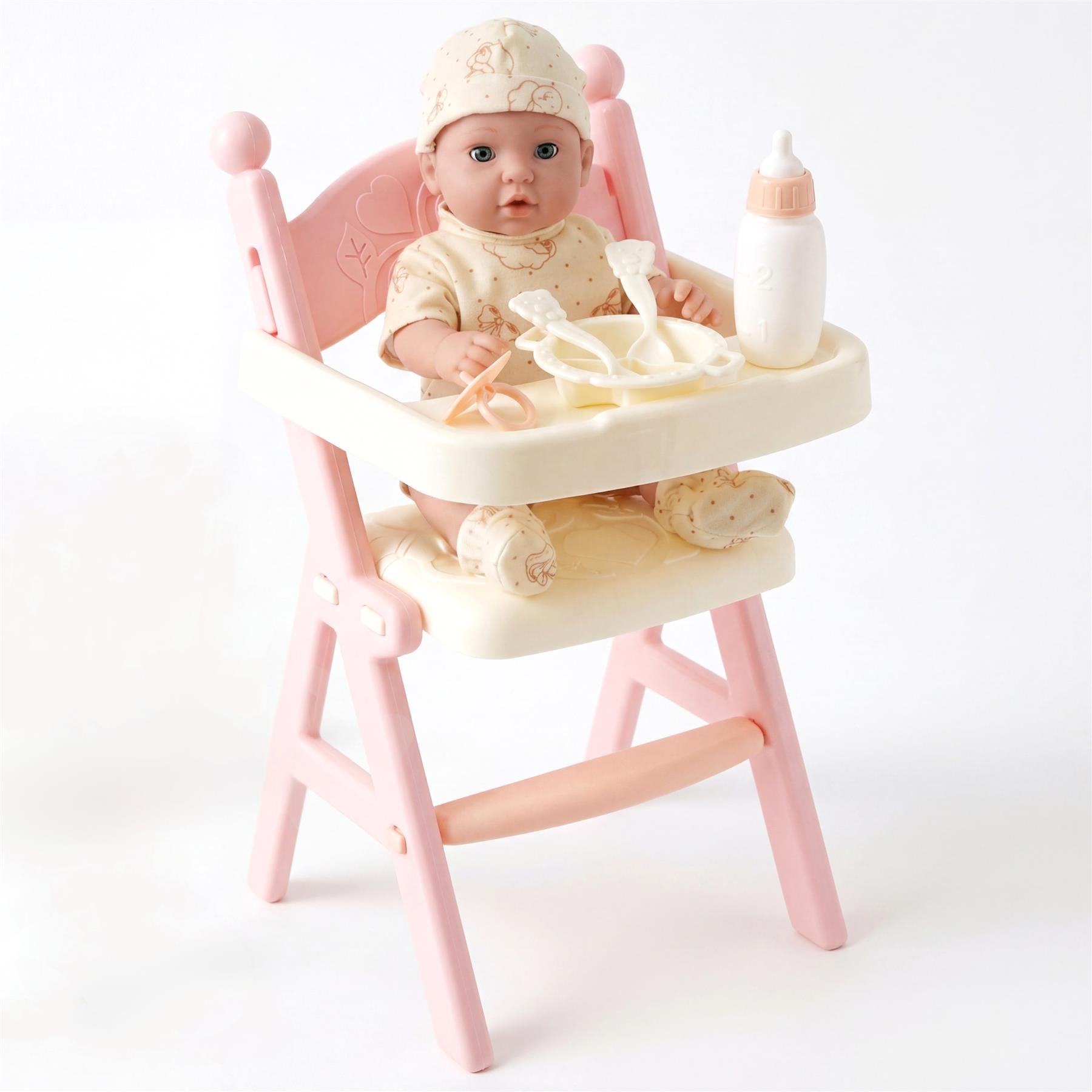 Doll seated in a pink high chair with feeding accessories and a baby bottle.
