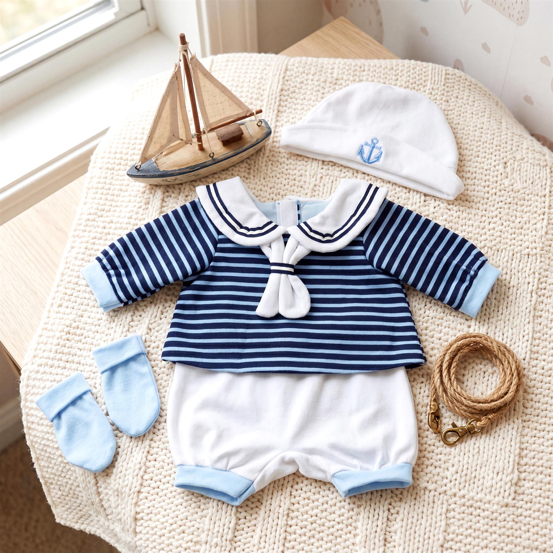 Navy striped sailor set, hat, white pants, miniature boat, and coiled rope laid on a blanket.