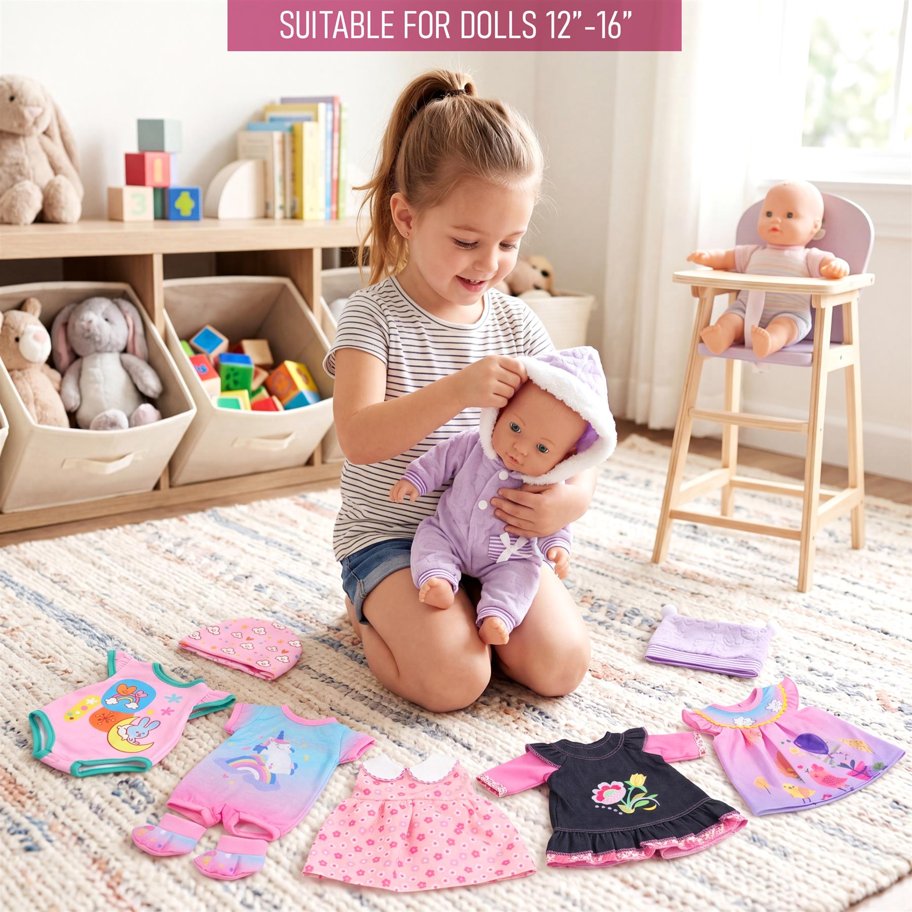 Six doll outfits laid out on a rug, featuring pink, patterned, and striped apparel.
