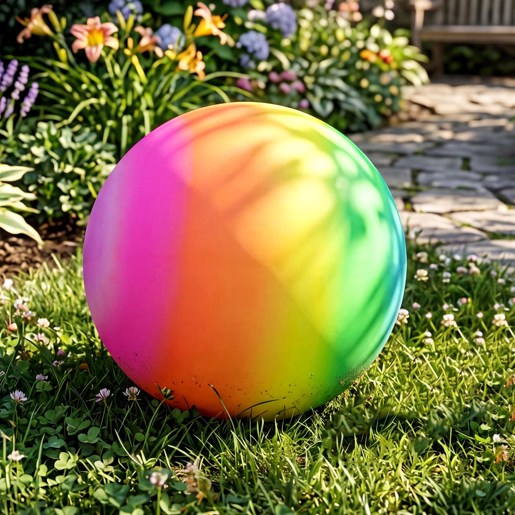 Giant sphere exhibiting a smooth rainbow gradient, sitting on green grass with surrounding garden flowers.