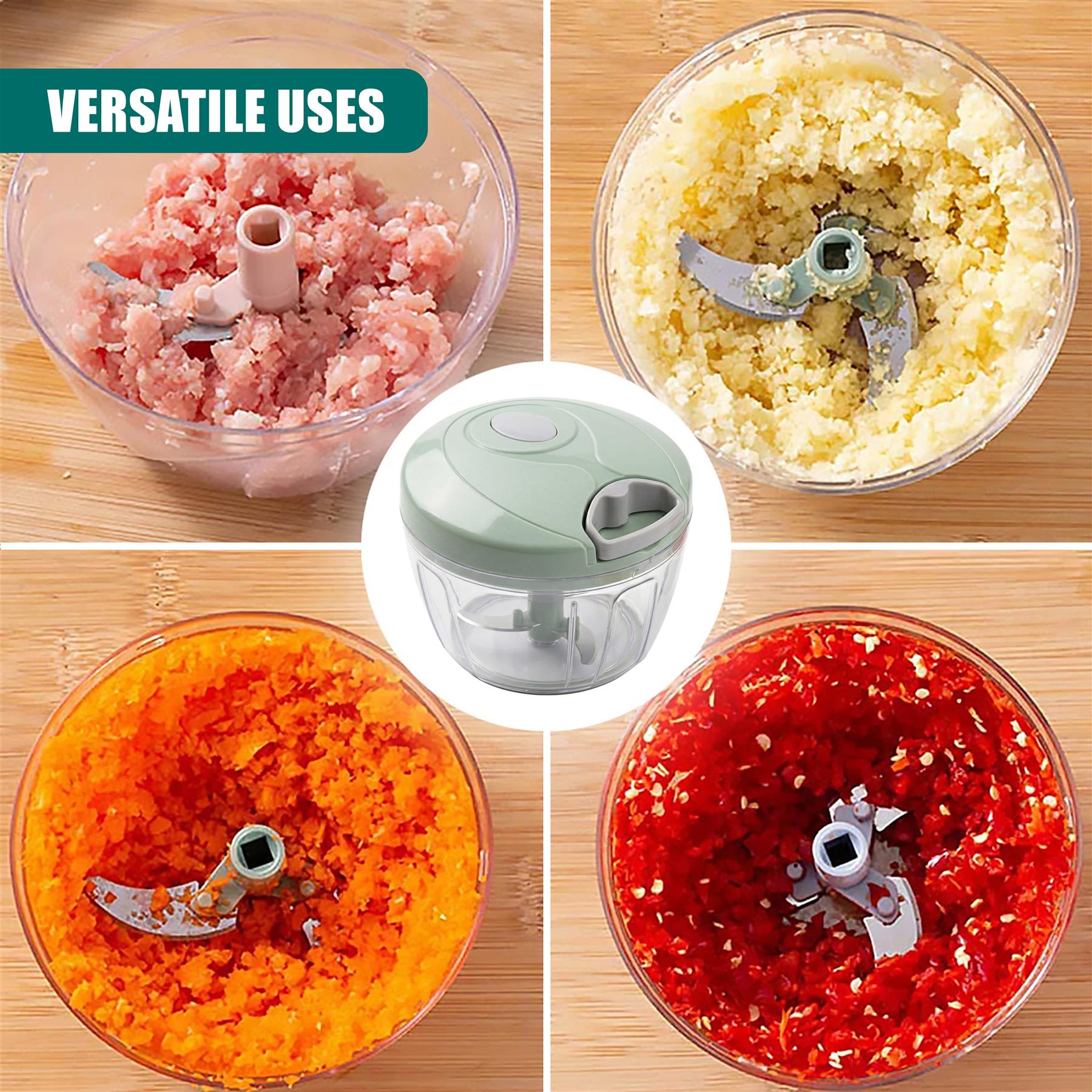 Manual food chopper use images show various chopped foods like vegetables, meat, and sauces.