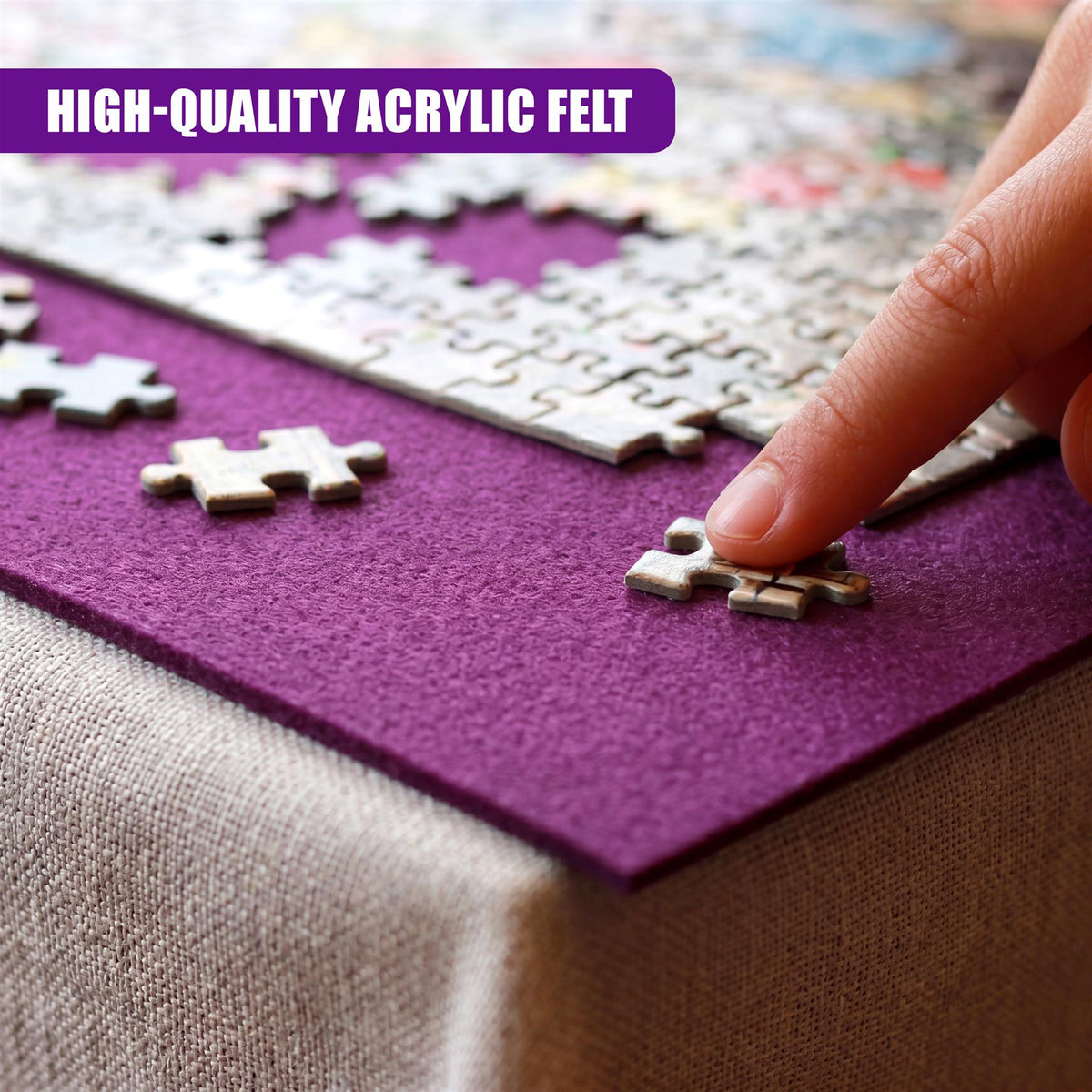Purple acrylic felt jigsaw mat with a puzzle and hand, showcasing the roll-up design