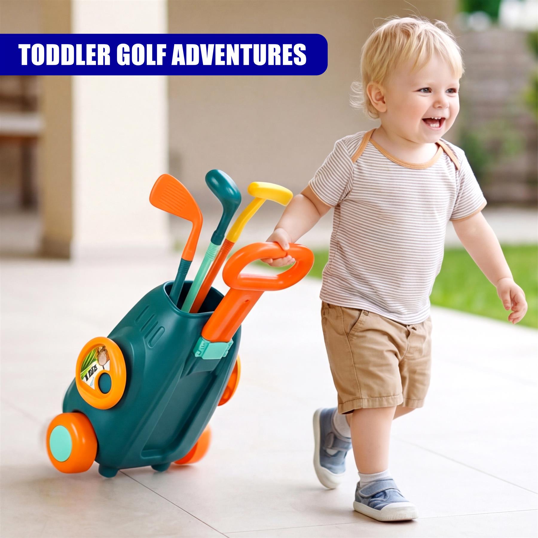 Young child reaching for a green toy golf cart filled with colorful plastic club replicas.