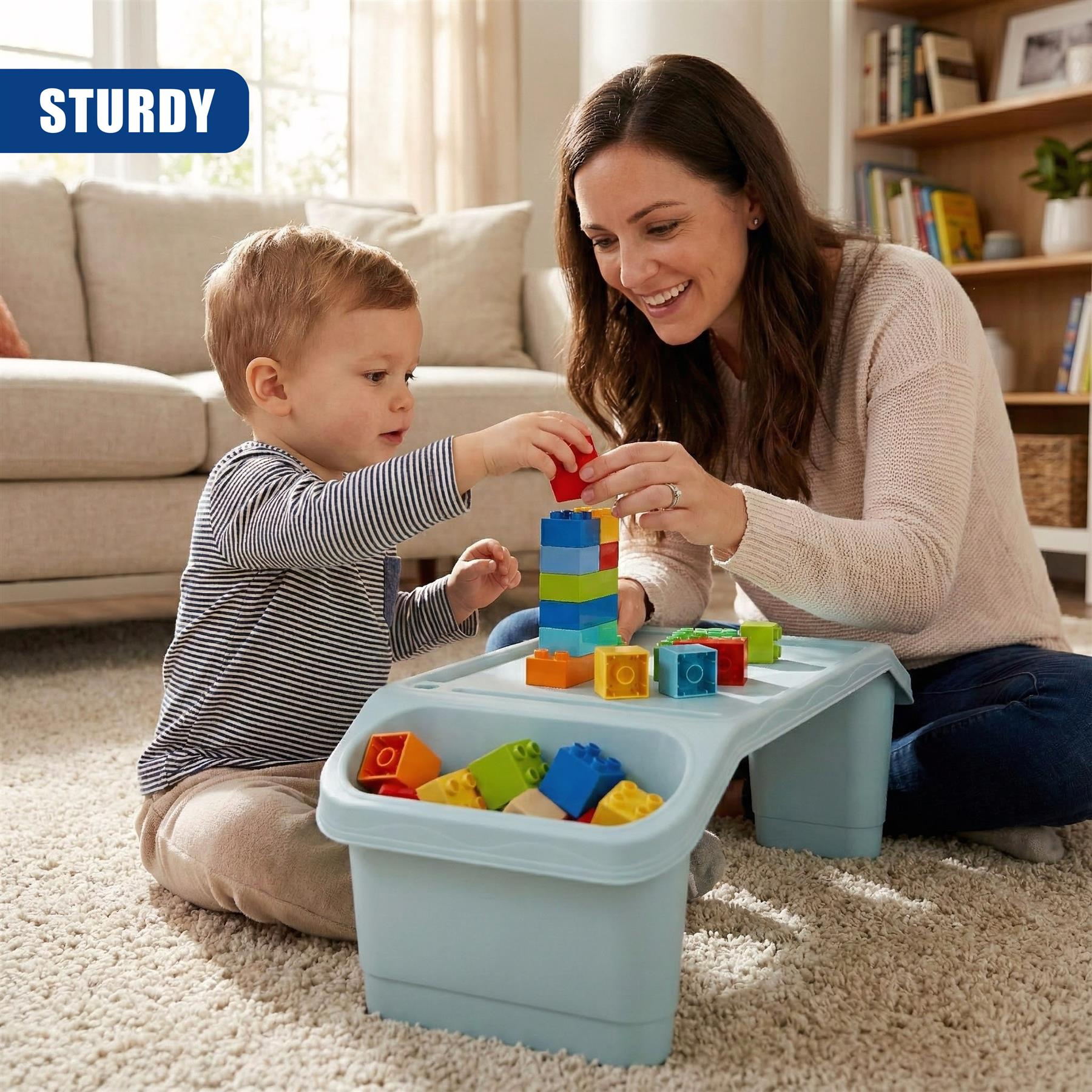 A young child plays with a mother in a living room. The child is sitting on the floor, building a tower with colorful blocks, while the mother sits beside them, smiling and helping to build. - The Magic Toy Shop