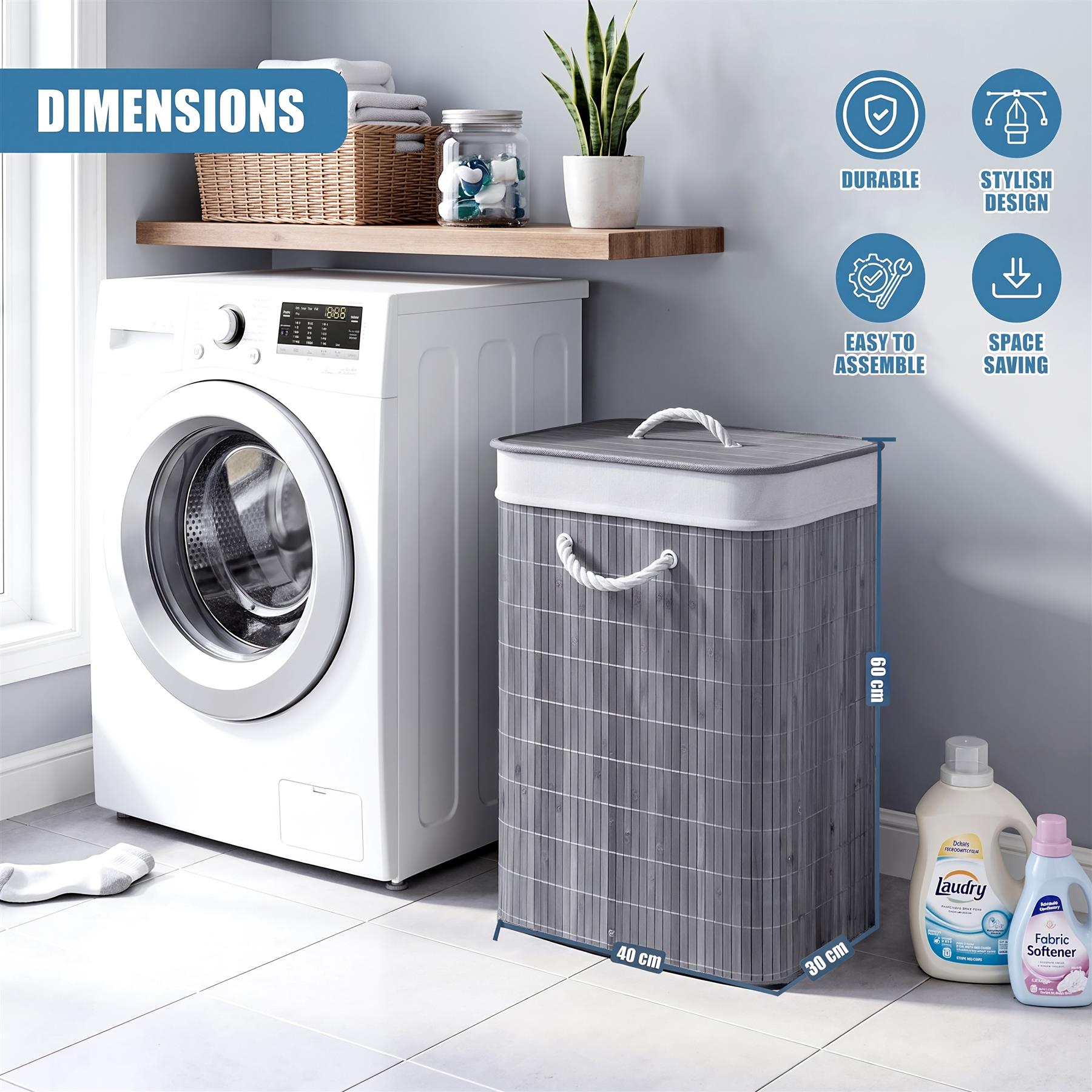 Grey Bamboo Laundry Hamper 72L