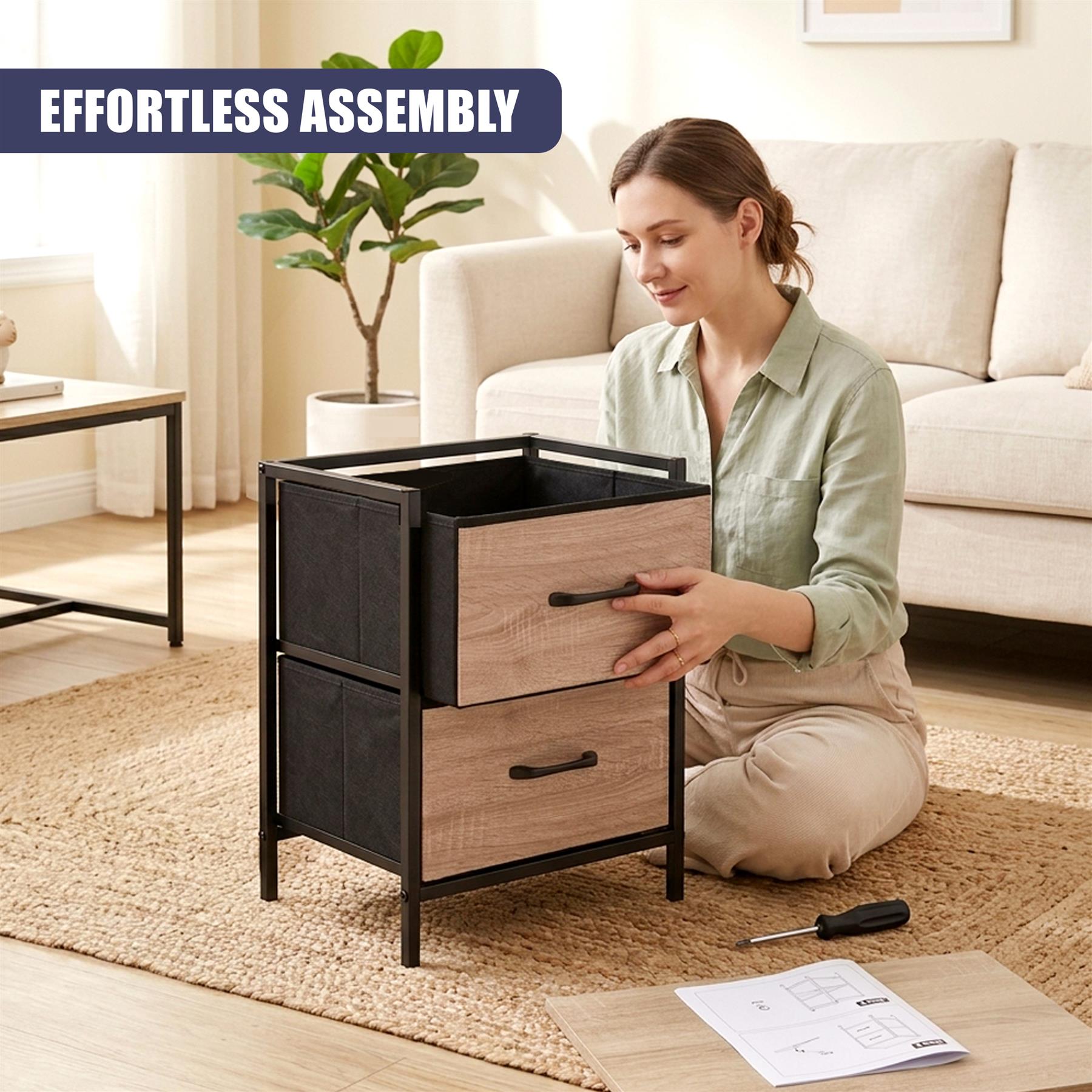 The two-tiered bedside table features dark metal framing and natural wood drawer fronts.