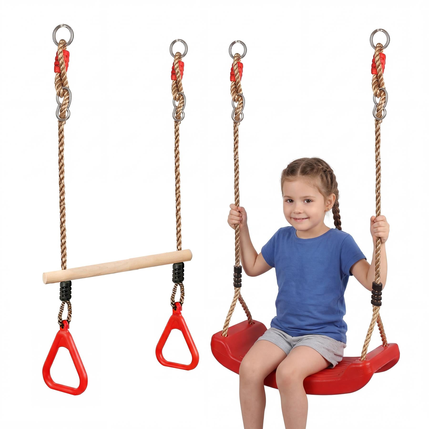 A young girl sits on a swing seat beneath a wooden trapeze bar swing set.