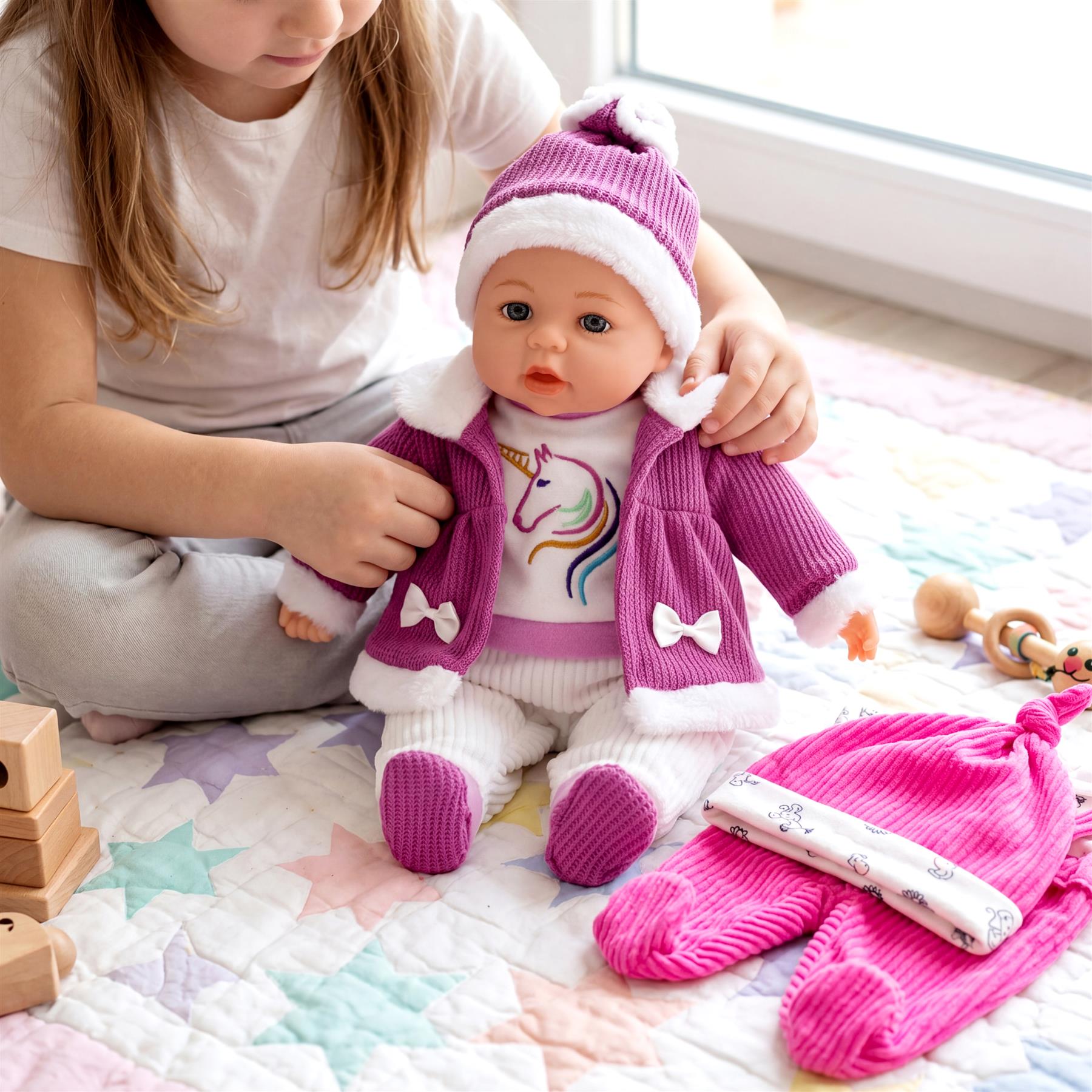 Doll accessories set featuring a purple coat, white leggings, and hot pink knitted garments for play.