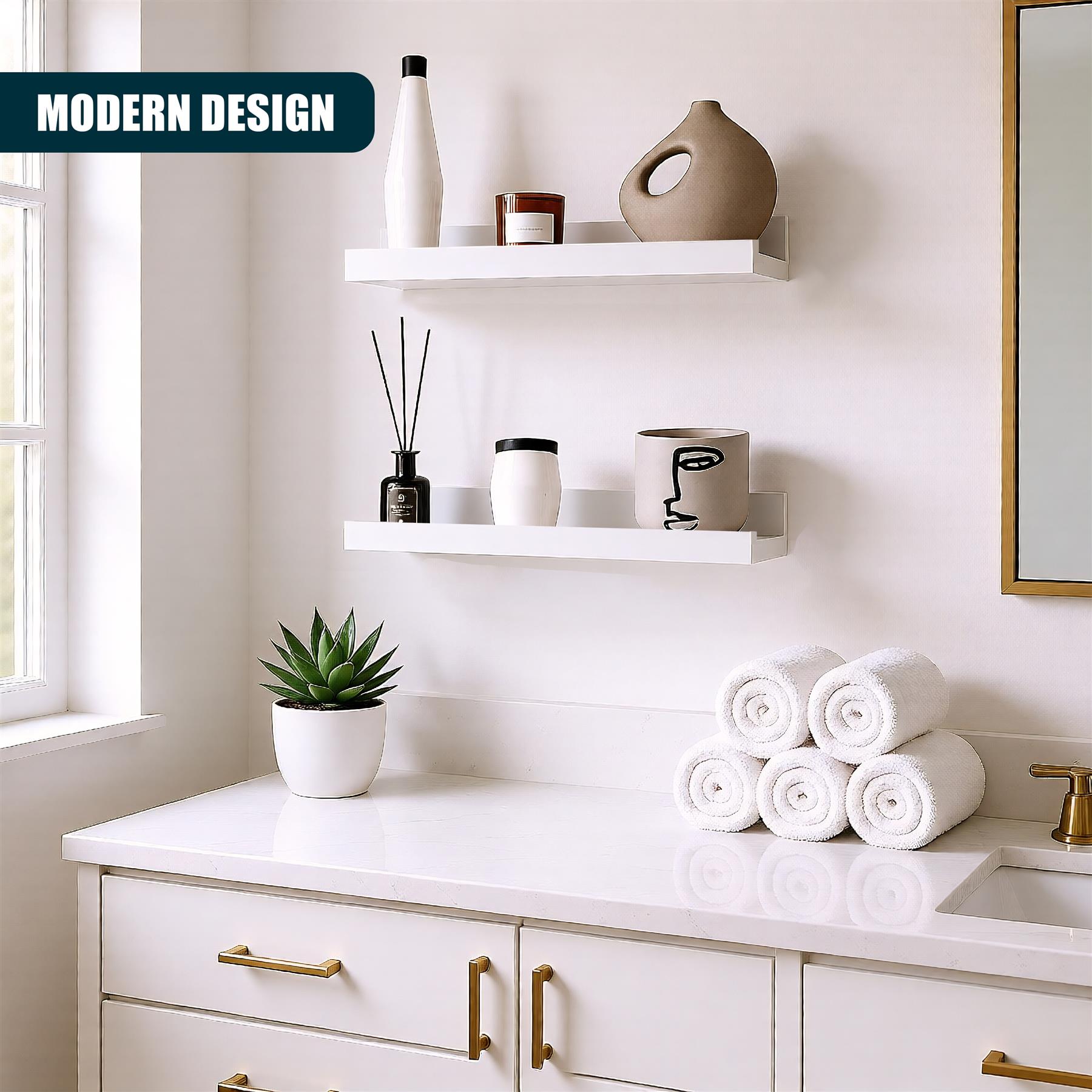 A modern, white, and minimalist bathroom vanity with a sink, cabinets, and a mirror. The sink has a gold faucet and a white marble countertop. The cabinets are white and have gold handles. The mirror is a large, rectangular, and wall-mounted. The room is well-lit, with a window on the left and a door on the right. The walls are white and the floor is made of white, marble-like material. The room is clean and modern, with a few plants and a white, modern-style, chair. - The Magic Toy Shop