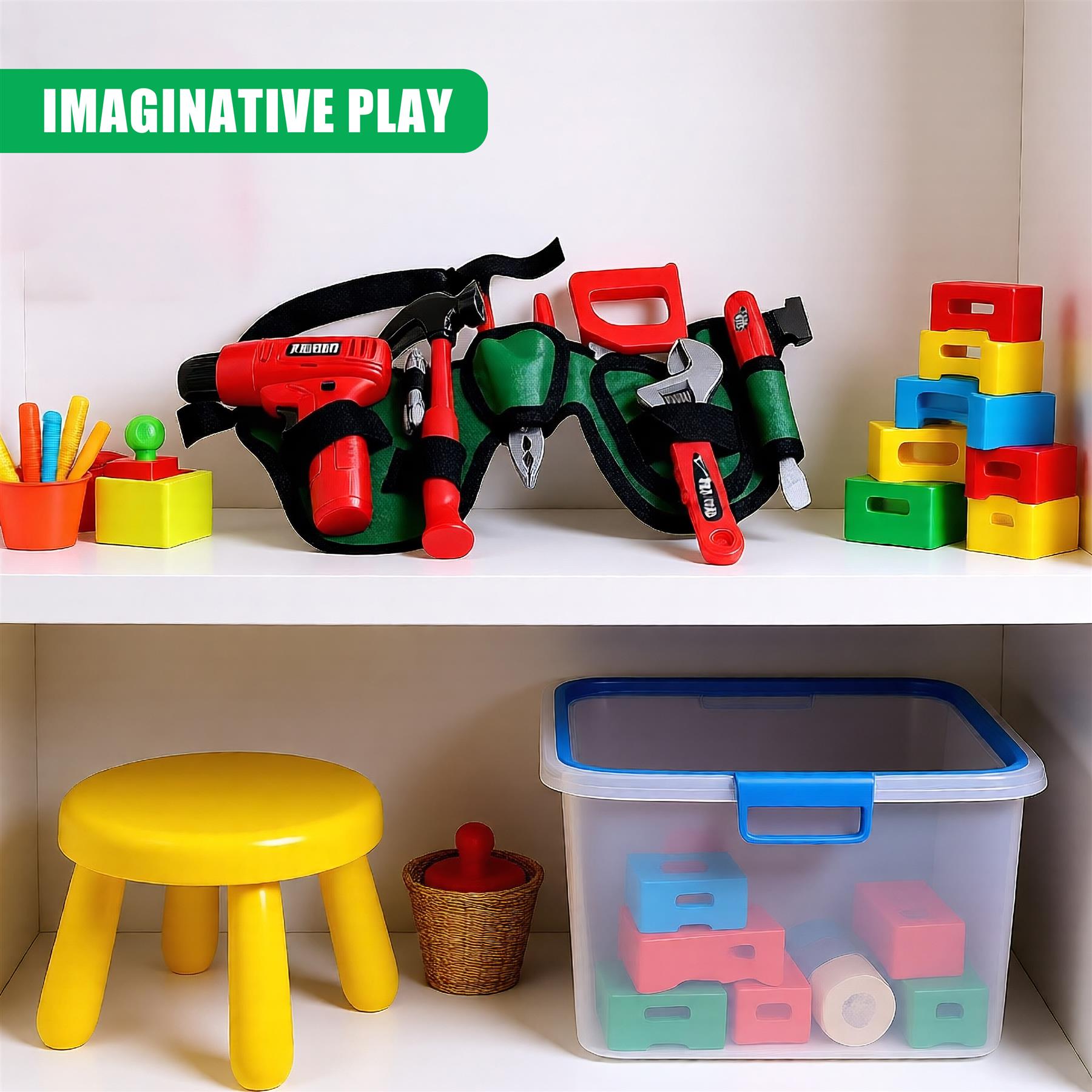 A white shelf with two levels, each containing a variety of toys and objects. The top shelf has a green tool belt with red and green tools, a red toy drill, and a yellow cup with colorful blocks. The lower shelf has a yellow stool, a wicker basket with a red object, and a plastic container with blocks. The background is white. - The Magic Toy Shop