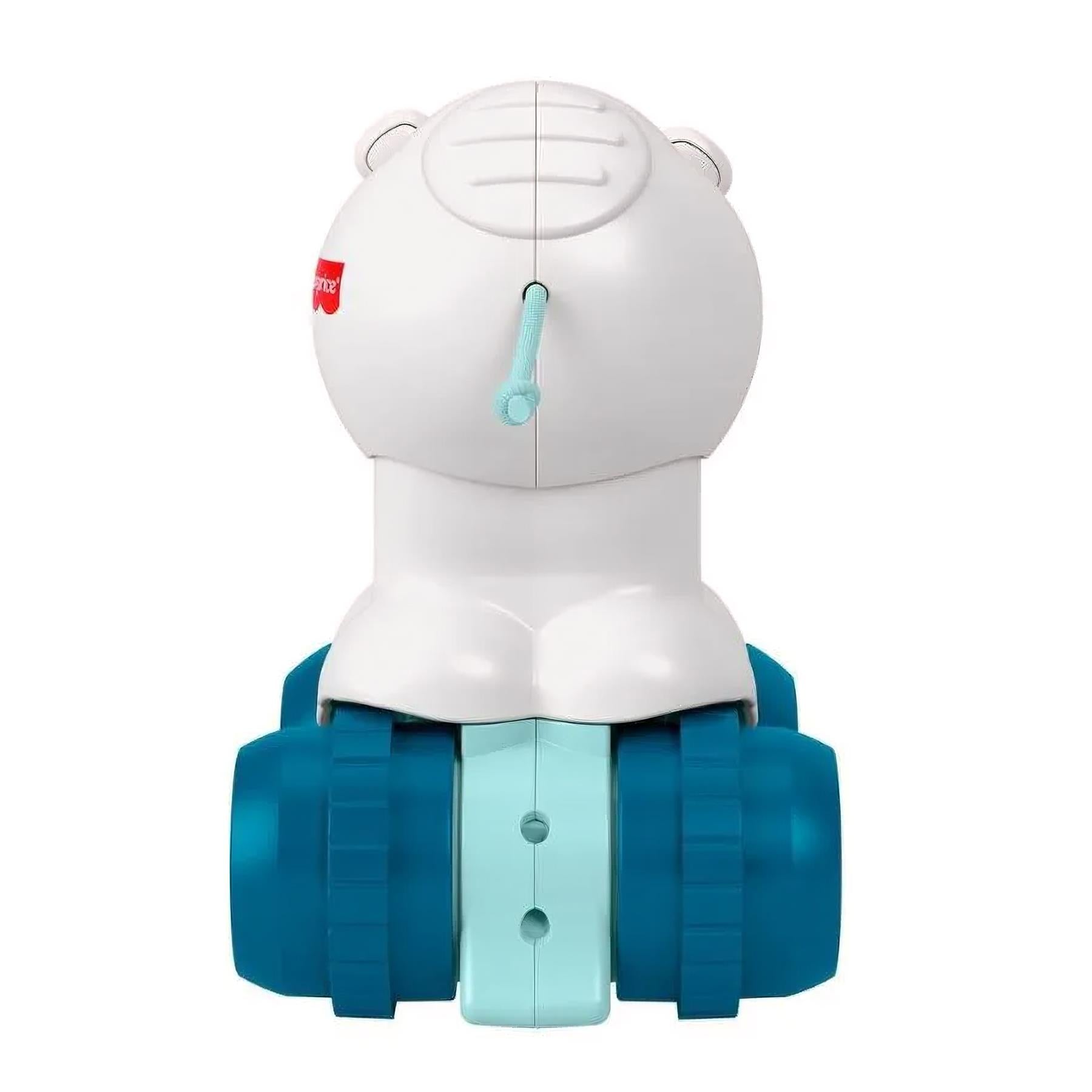 A white polar bear toy featuring blue skis and a functional press-and-go lever for interaction.