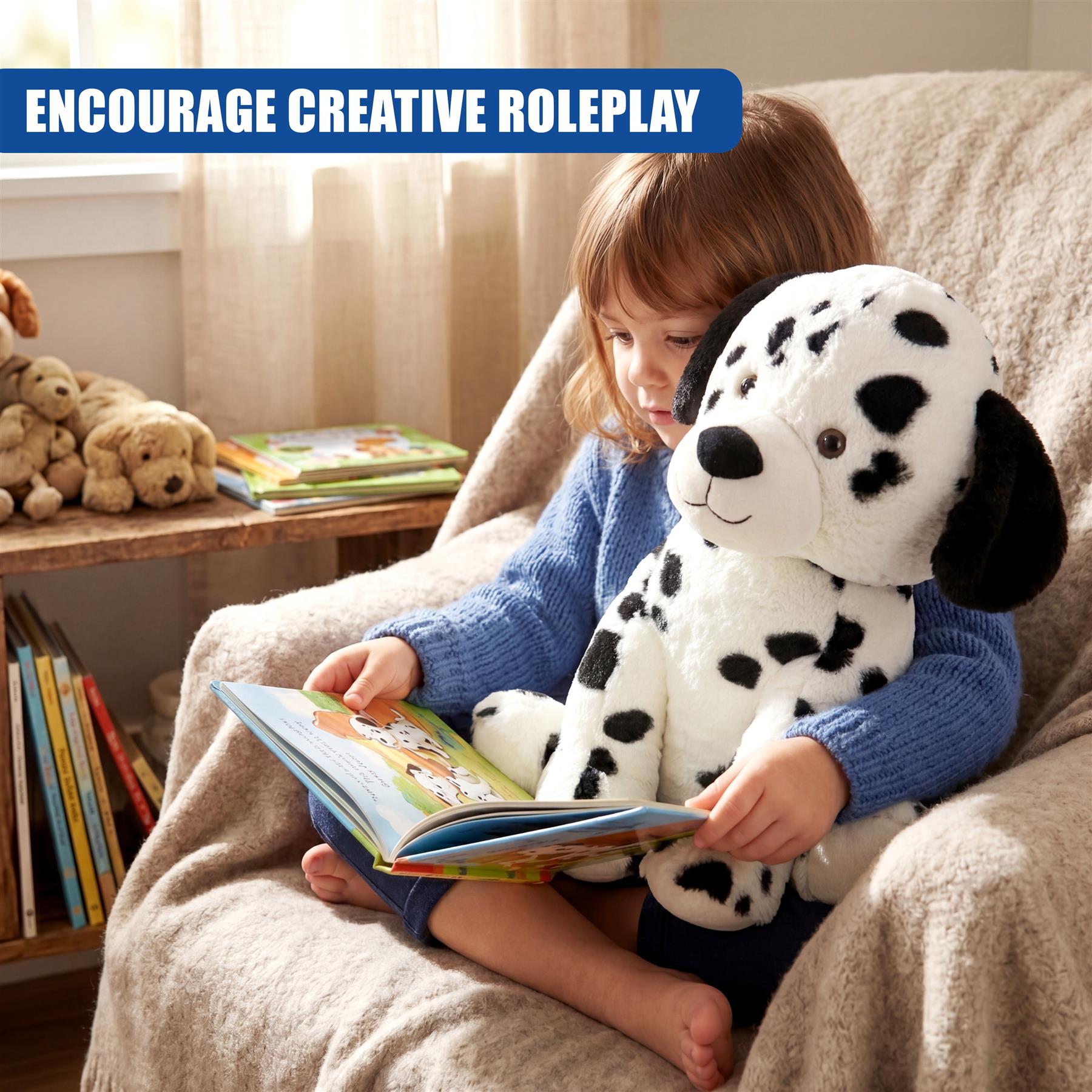 A young girl sits reading a book while holding a black and white Dalmatian stuffed animal toy.