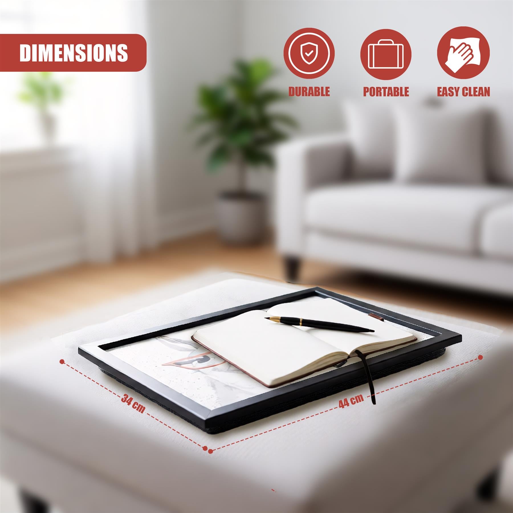 Open black rectangular lap tray displaying a notebook and pen. Dimensions shown are 34 cm by 44 cm.