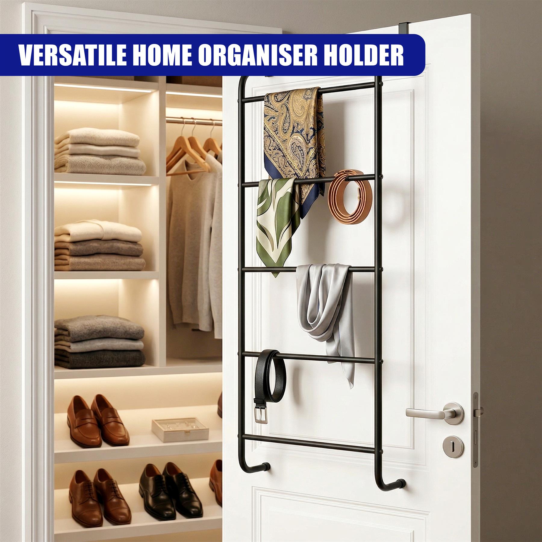 Black metal towel rail organizer mounted on a white door, holding folded towels and rings.