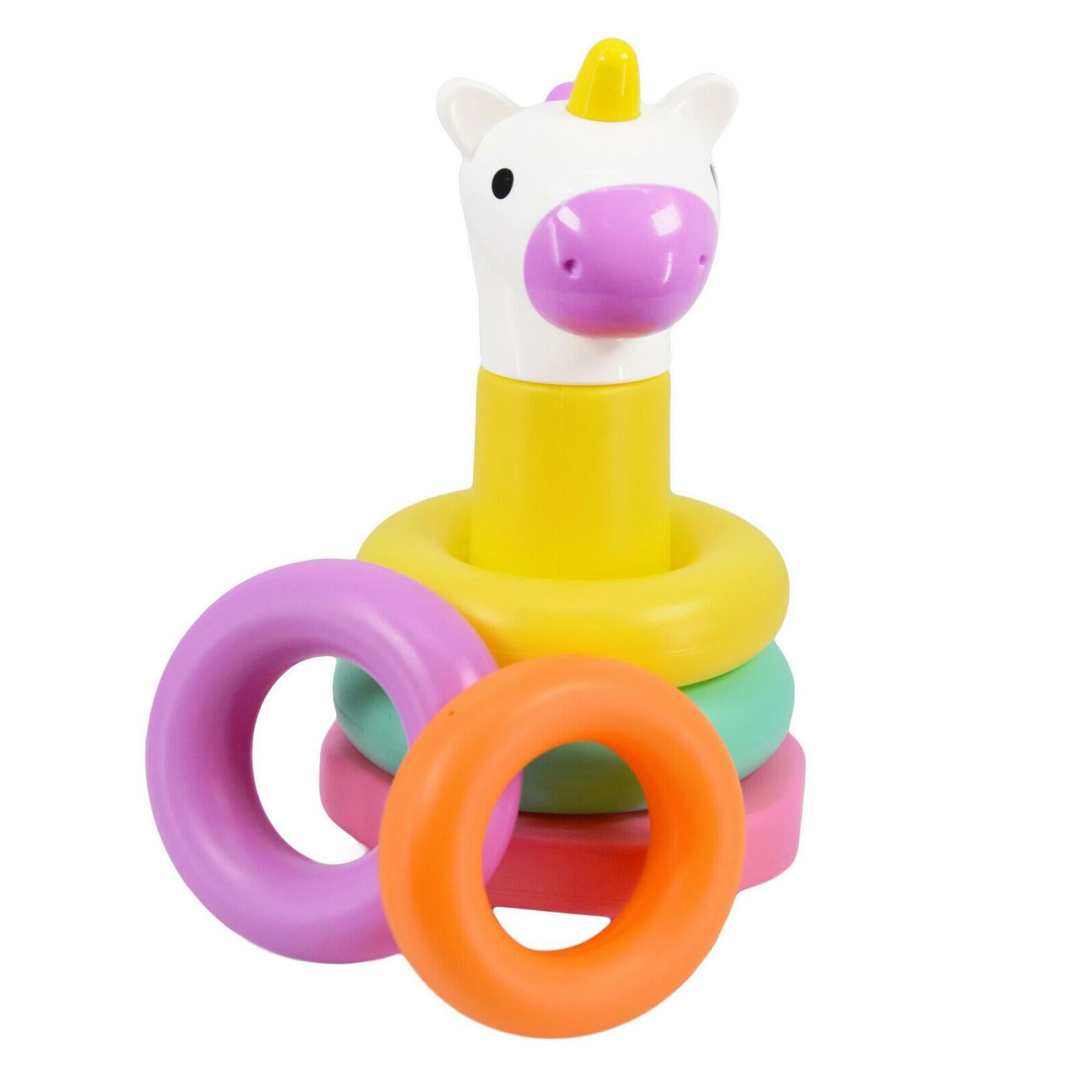 White animal figure stands on a yellow pole with multi-colored stacking rings.