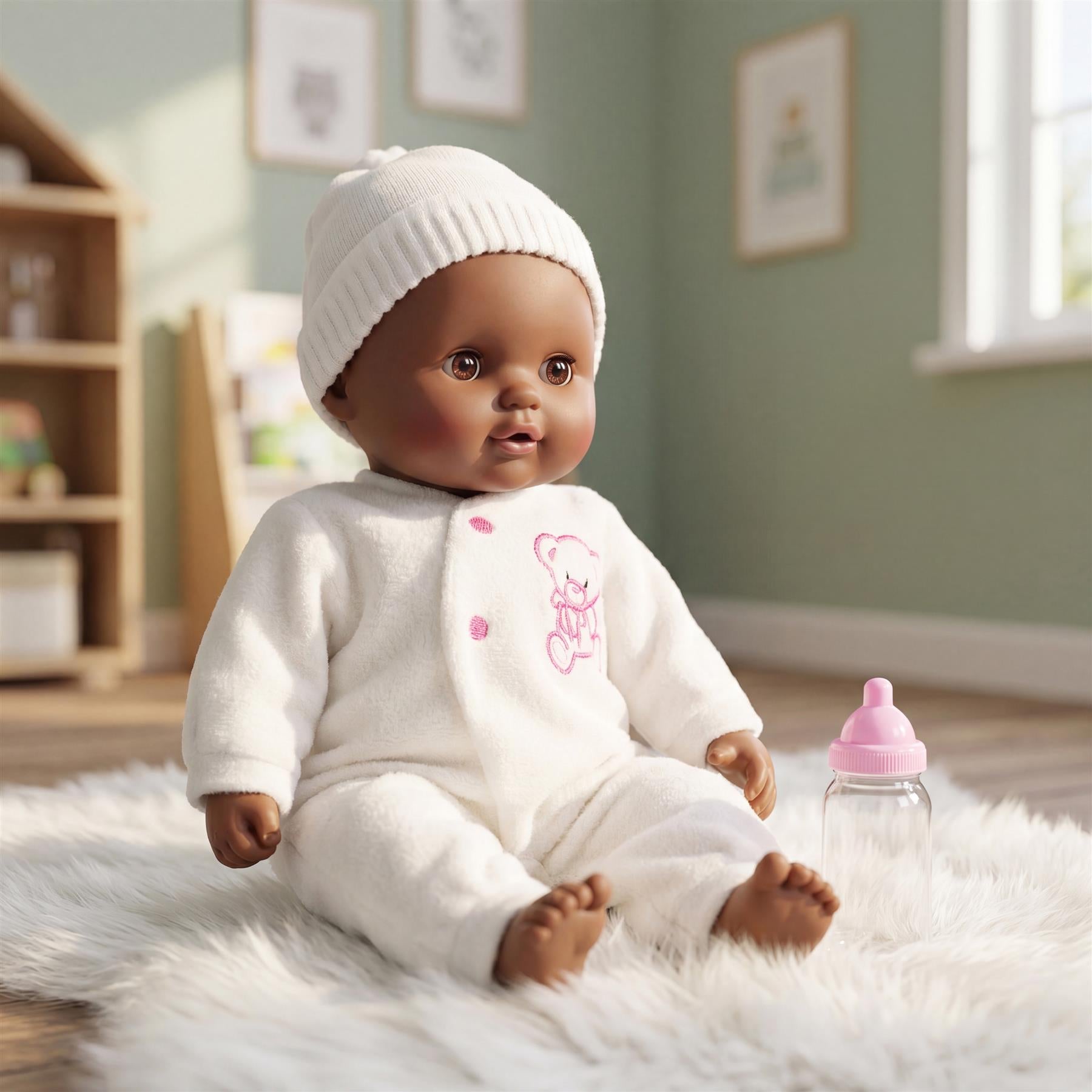 Black porcelain doll in a sleep position, resting on solid fabric with decorative detailing.