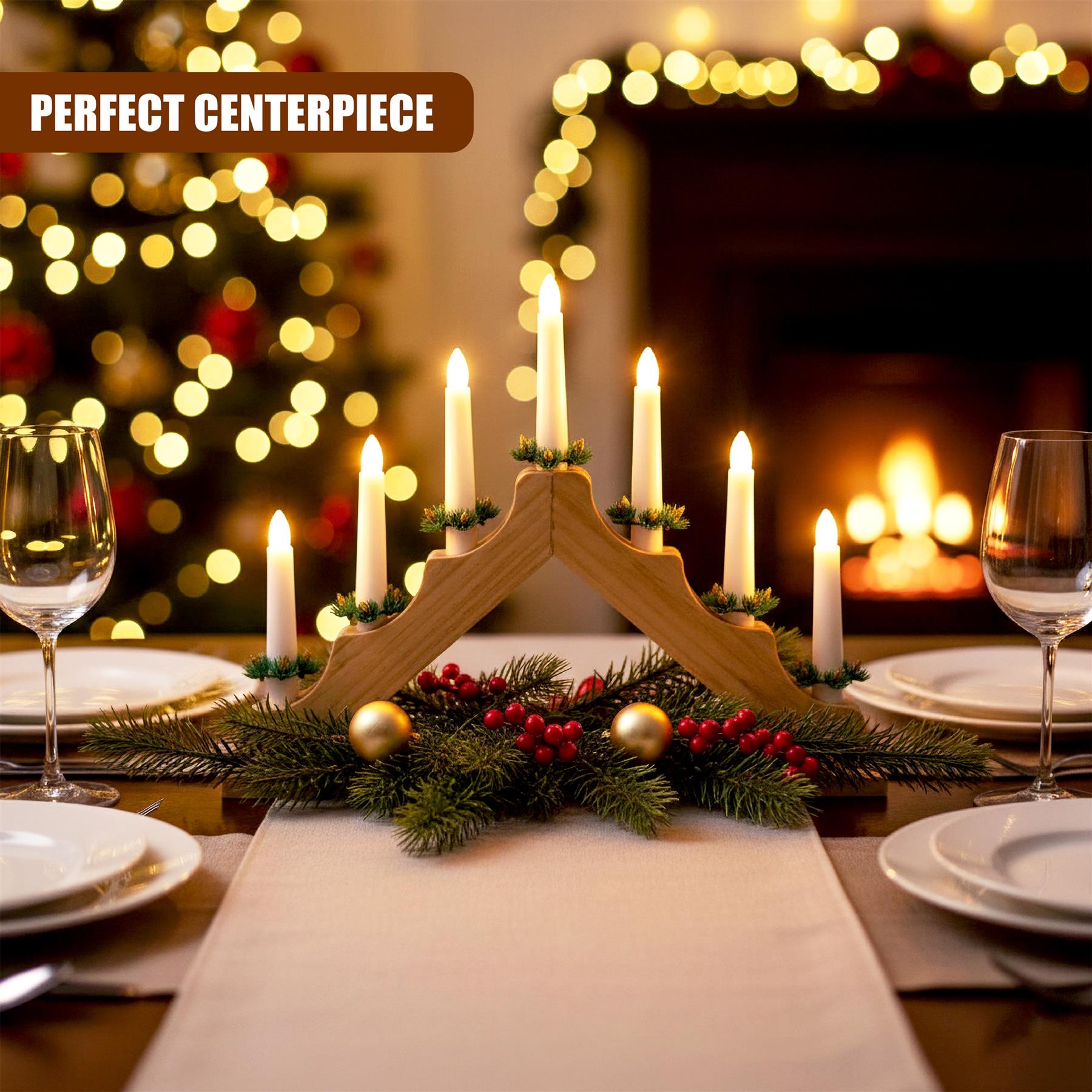 A wooden candle holder with six white candles, surrounded by evergreen branches, red berries, and gold ornaments, on a dining table. - The Magic Toy Shop