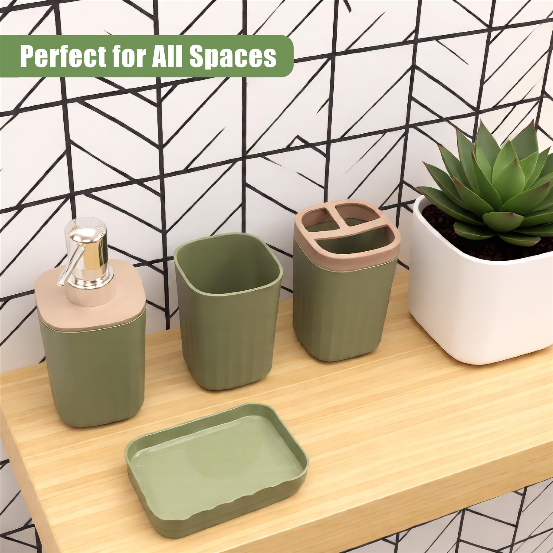 Five pieces of olive green bathroom containers arranged on wood next to a potted succulent plant.