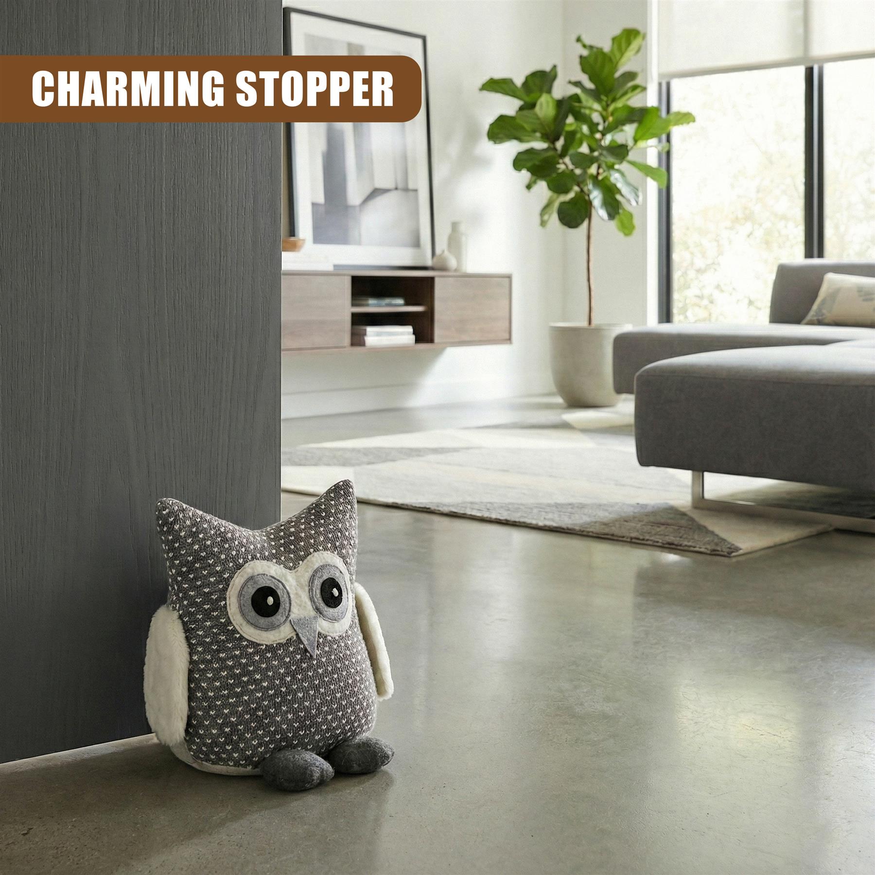A soft, plush owl-shaped doorstop with a cute, endearing design, ideal for keeping doors open or as a fun, charming addition to any room. - The Magic Toy Shop