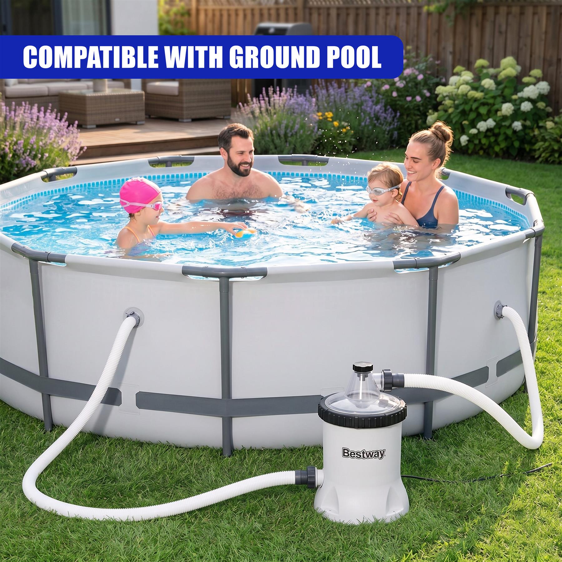 Portable above-ground pool, people swimming, and a connected white pump filter visible on the grass.