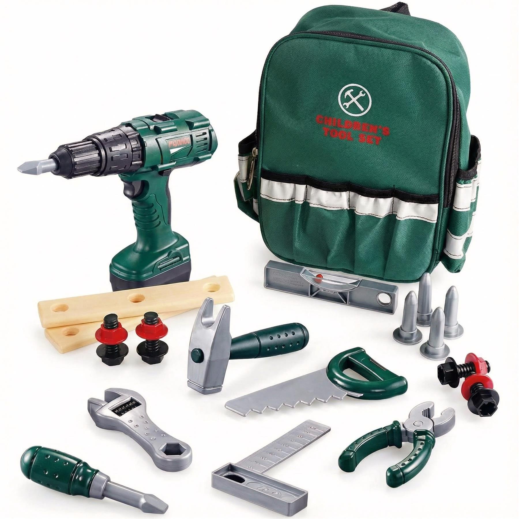 A collection of tools in a backpack and on a table, including screwdrivers, pliers, wrenches, an adjustable wrench, and various other equipment. The items are placed next to each other, showcasing a range of tools for different purposes. - The Magic Toy Shop