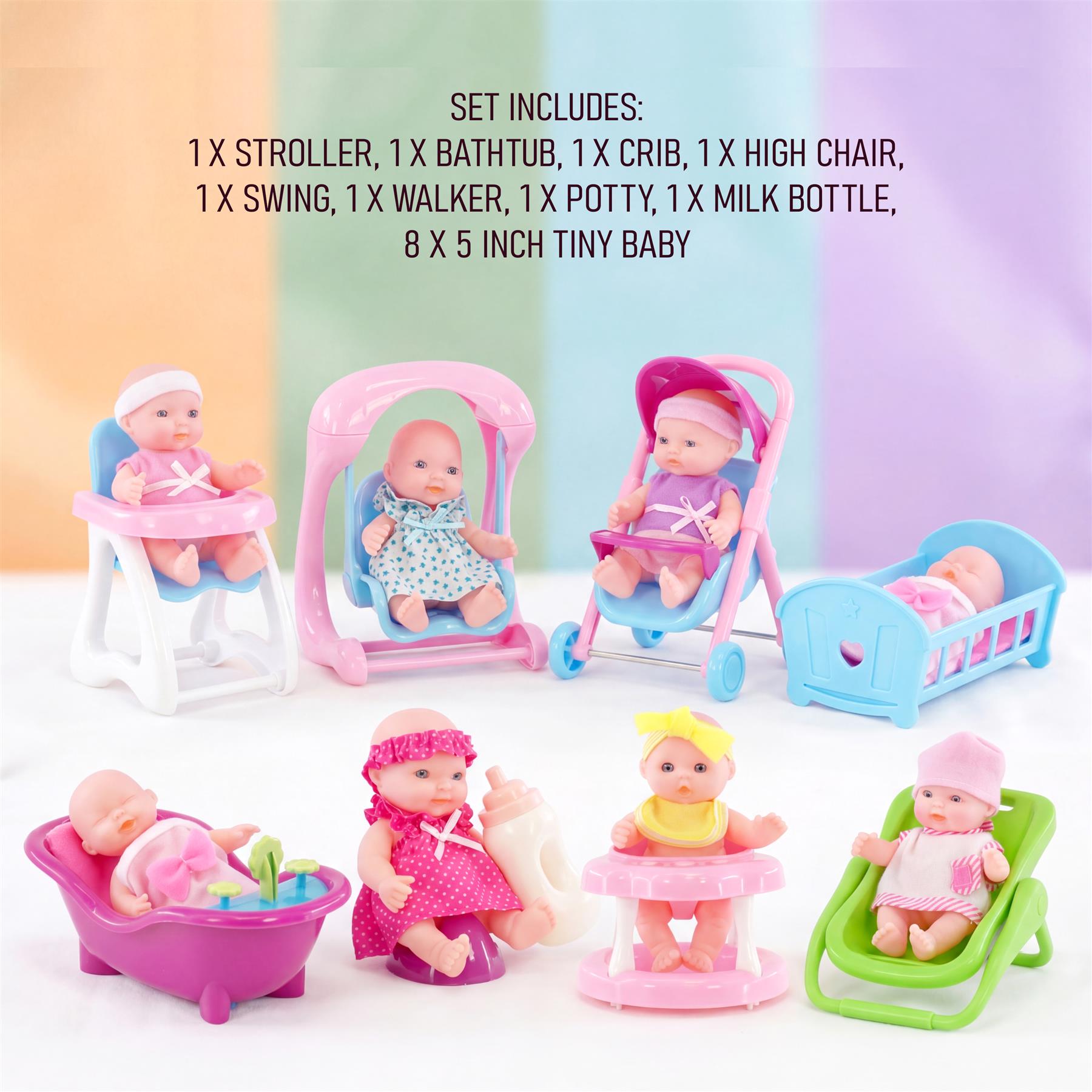 A set of miniature baby dolls with play accessories, crib, bathtub, and stroller toys.