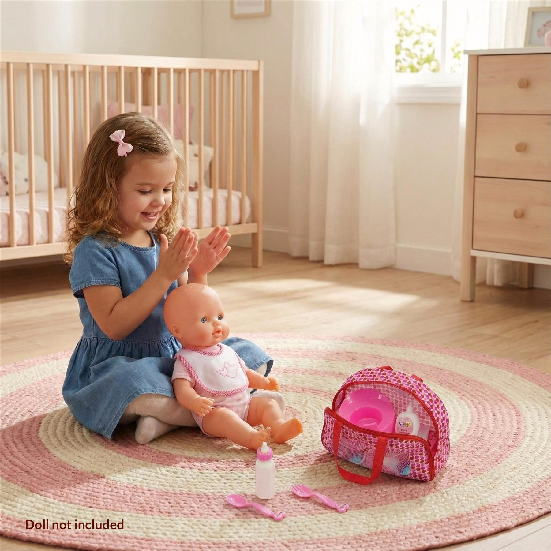 A young girl plays with a baby doll on a rug in a nursery, with a crib and a dresser in the background. The girl is sitting on the rug, holding the doll and smiling, while the doll is dressed in a pink onesie and has a pacifier in its mouth. The room is decorated with a pink and white theme, with a few toys and books on the shelf. - The Magic Toy Shop
