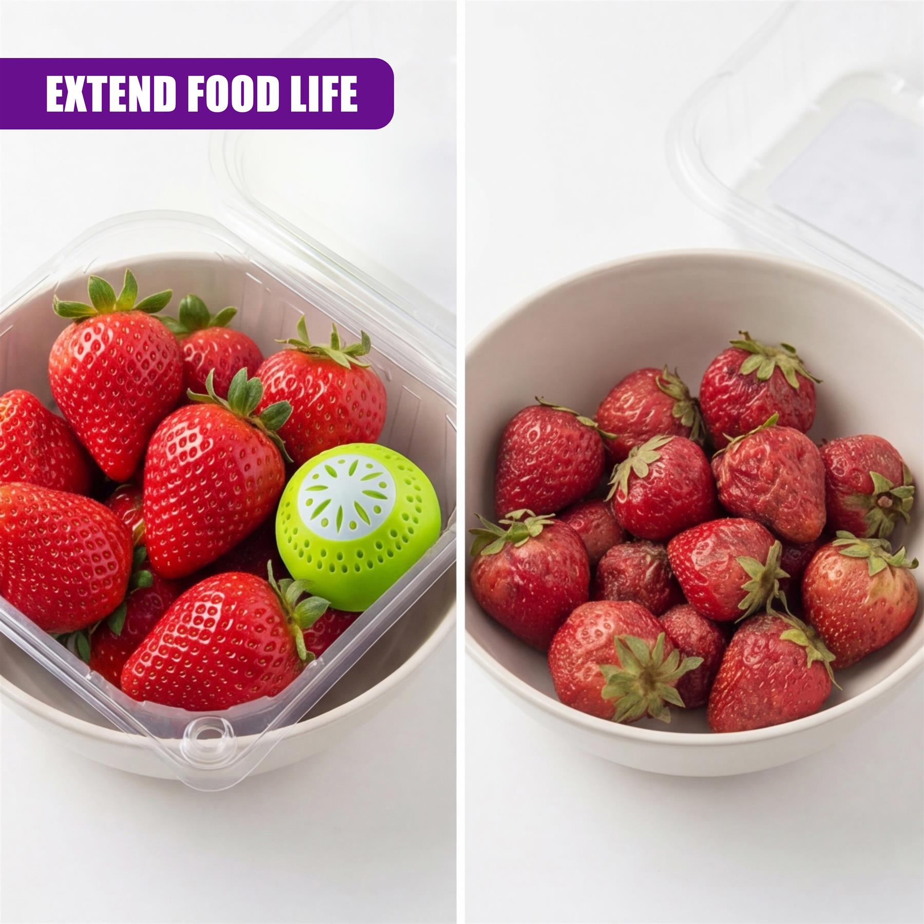 The image displays strawberries in a container with green deodorizer balls and a second bowl of berries.