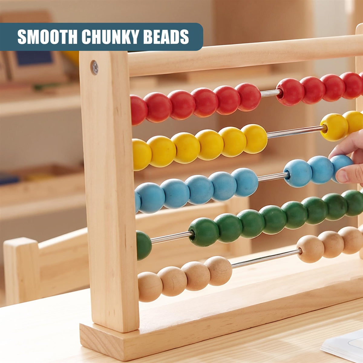 Wooden abacus with colourful beads on a sturdy, wooden frame