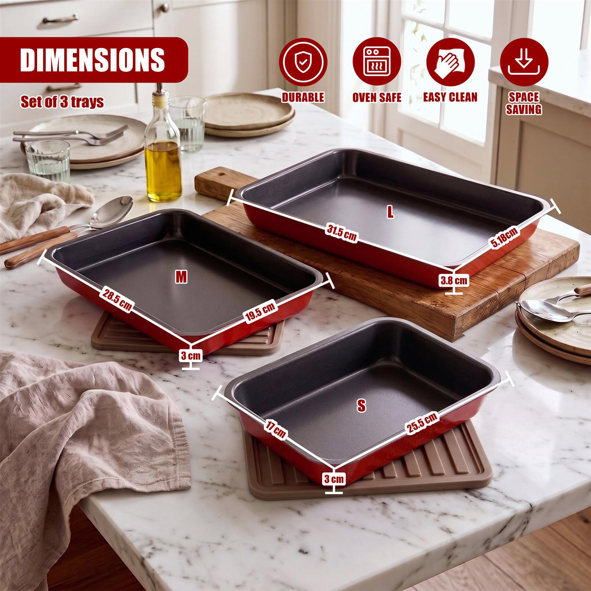 GEEZY set of three non-stick roasting trays with red and black, showcasing their dimensions