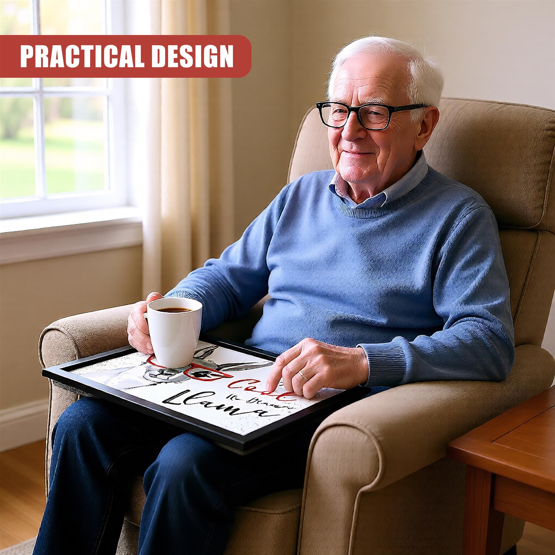 Lap tray holding a cup and paper rests on the lap of a seated man.