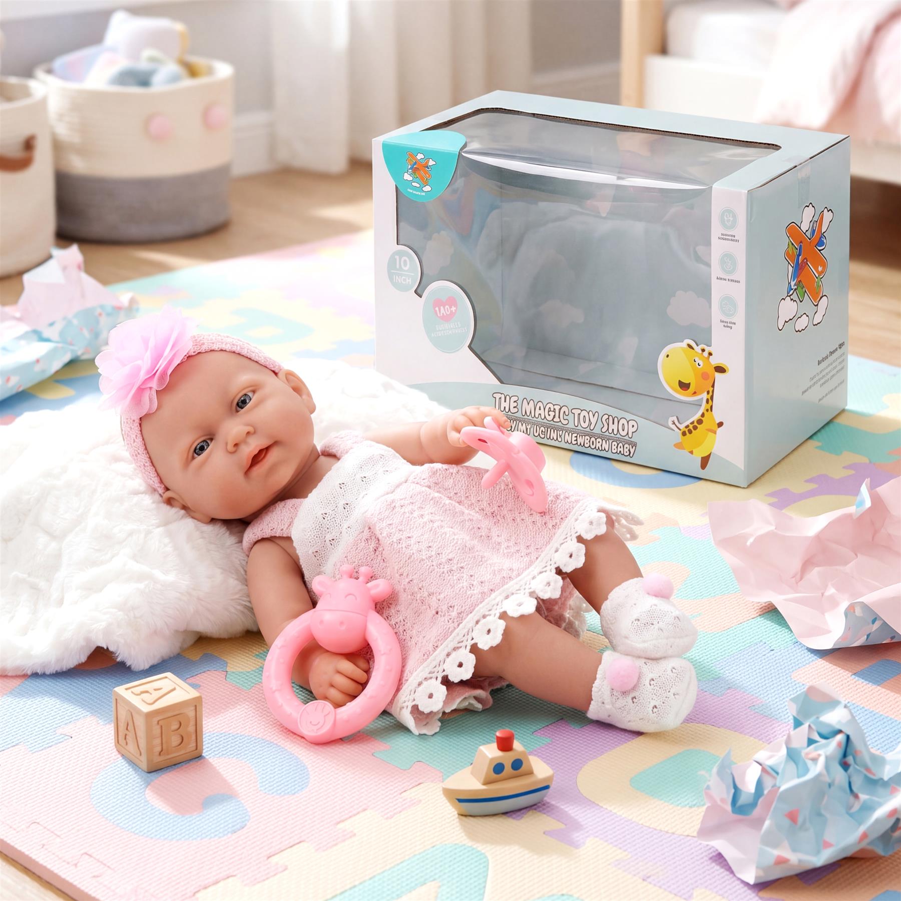 Doll with pink headband rests near a toy box, wooden boat, and alphabet blocks on a mat.